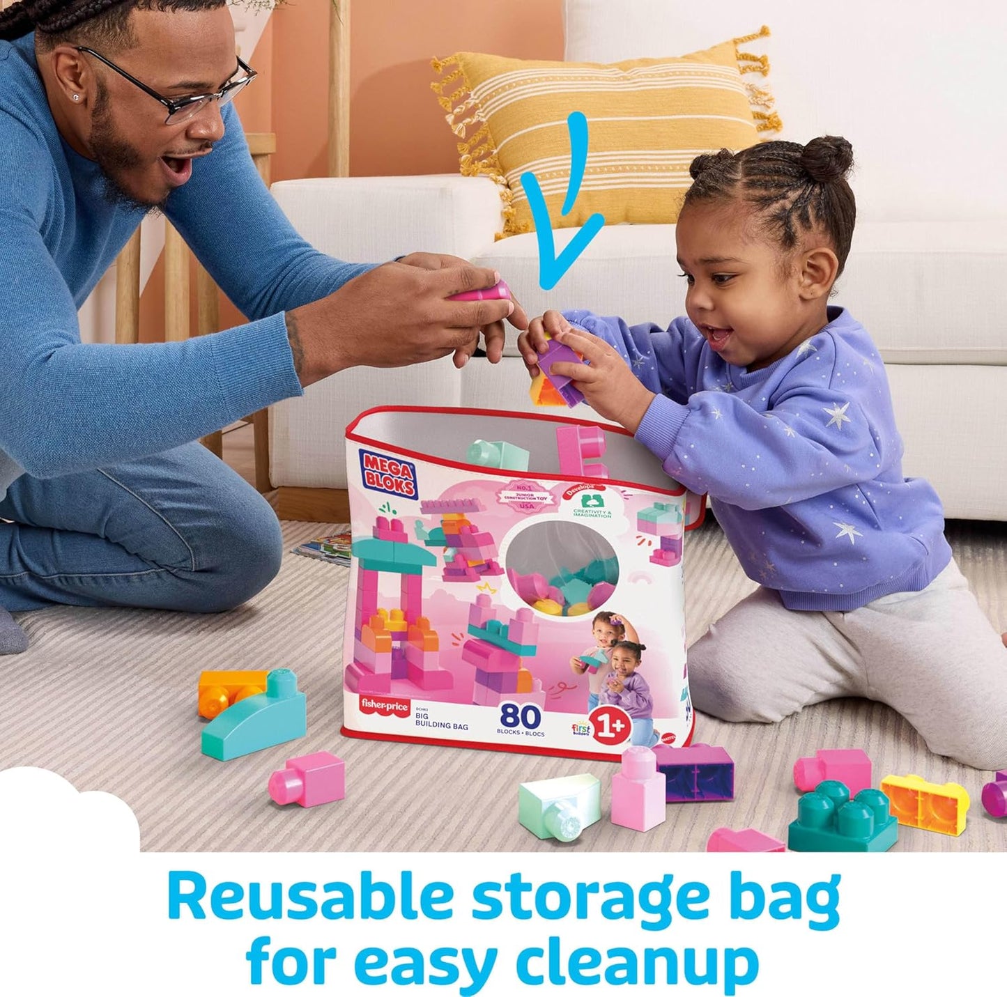 MEGA BLOKS First Builders Toddler Blocks Toys Set, Big Building Bag with 80 Pieces and Storage, Blue, Ages 1+ Years
