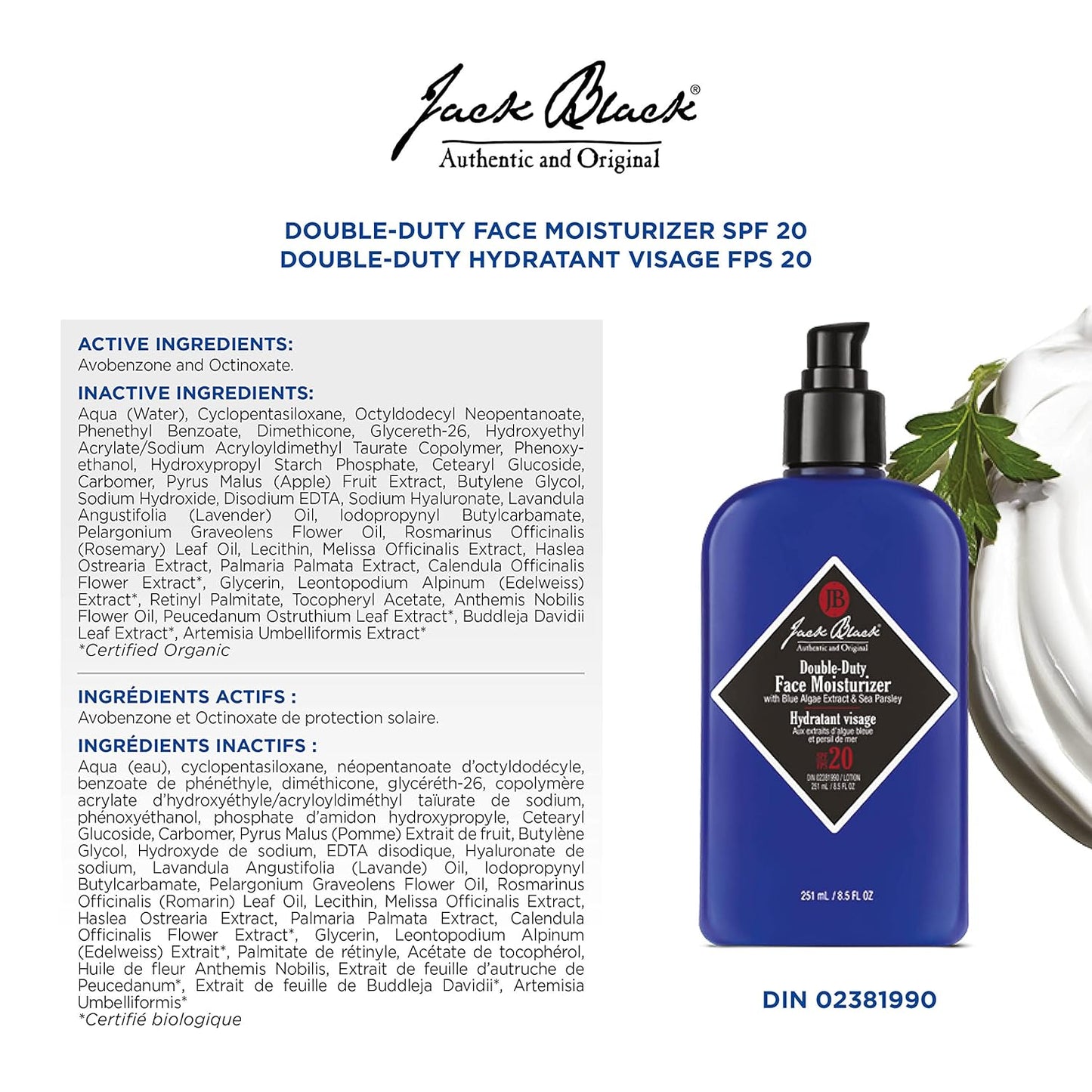 Jack Black - Double Duty Face Moisturizer with SPF 20 - Hydrating, Lightweight & Protective - 250ml