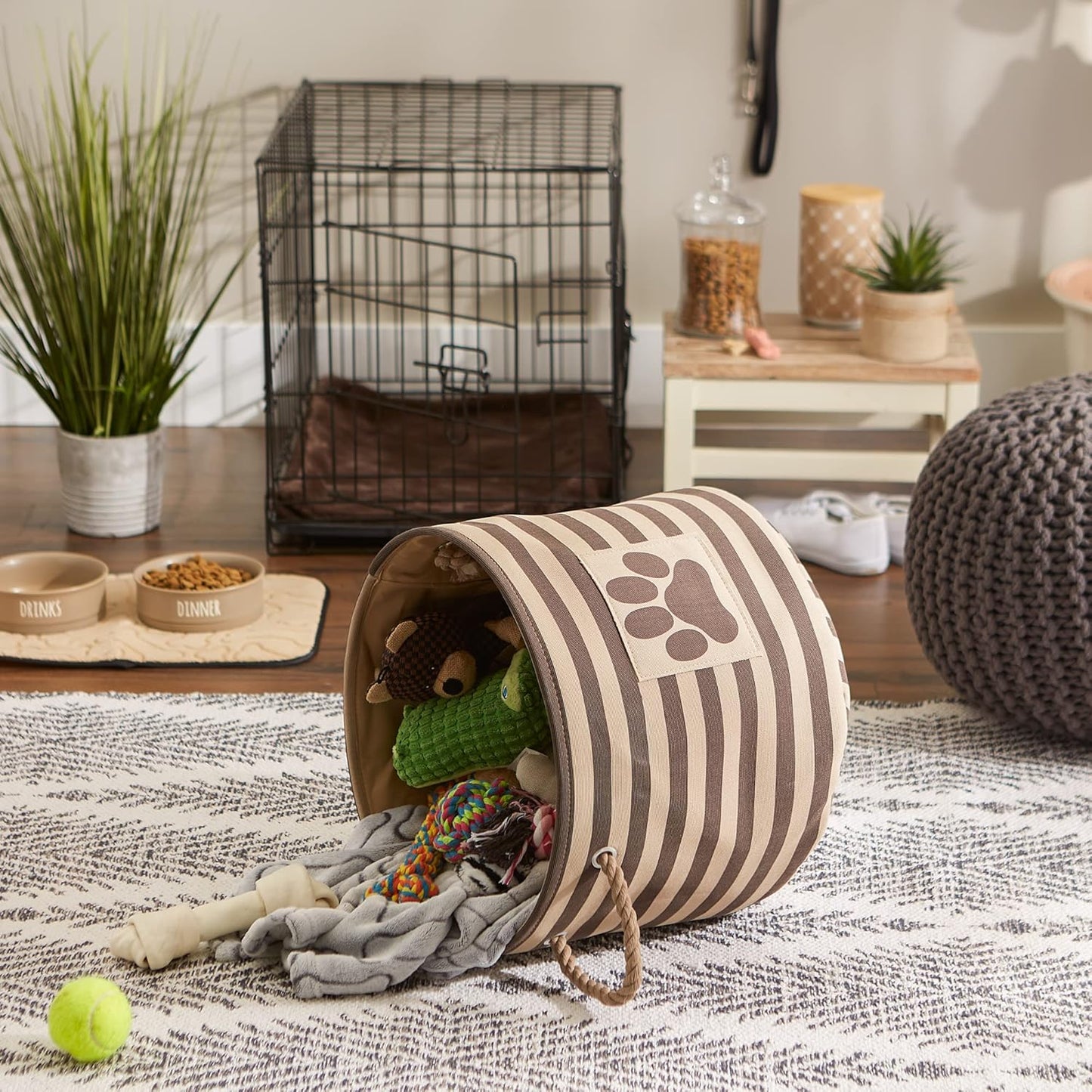 DII Bone Dry RoundSmall Pet Toy and Accessory Storage Bin, 12"(Dia) x9(H), Collapsible Organizer Storage Basket for Home Decor, Pet Toy, Blankets, Leashes and Food-Gray Stripes