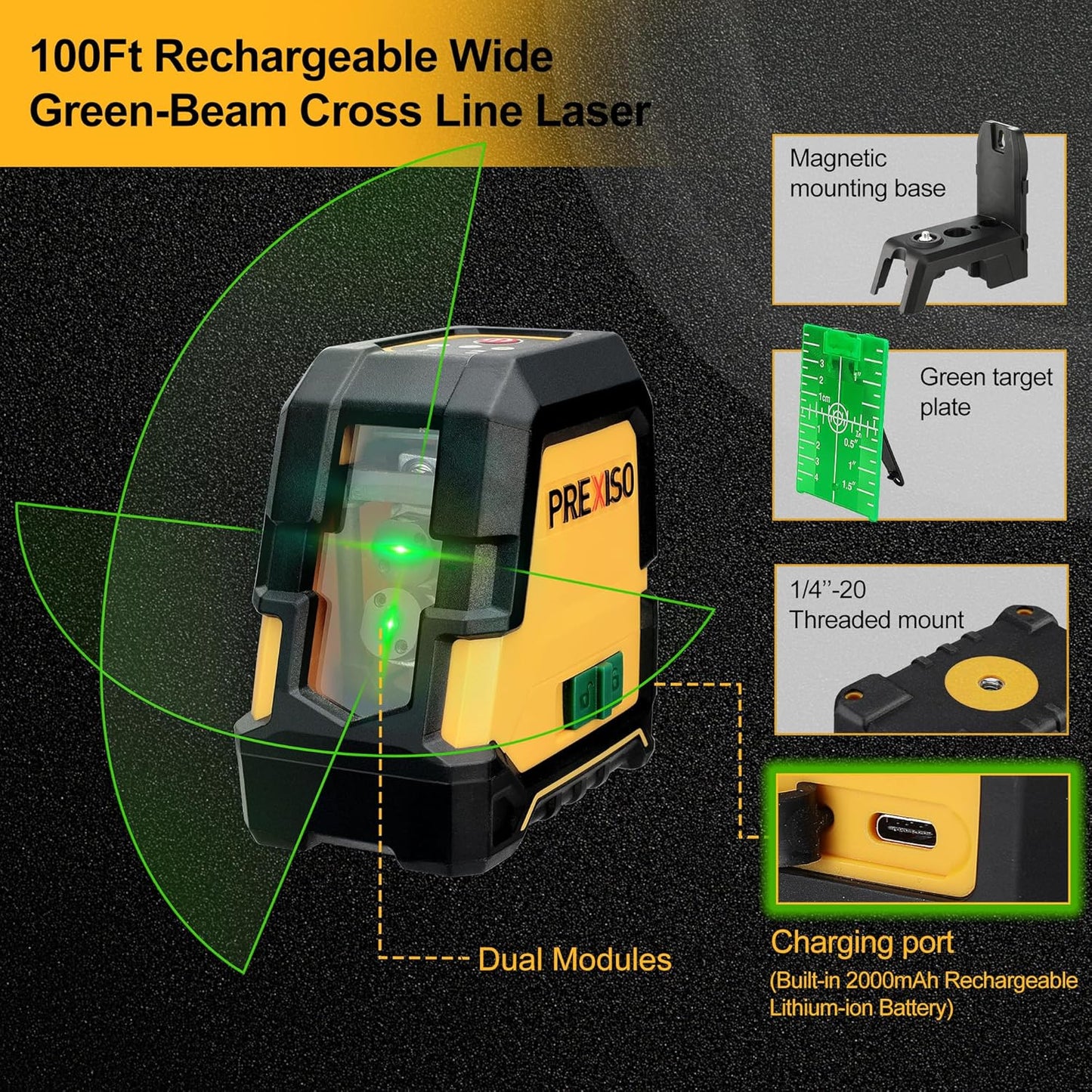 PREXISO Laser Level Self Leveling, 100 Ft Rechargeable & Selectable Green Cross Line Laser Level for Construction, Floor Tile, Home Renovation with Magnetic Pivoting Base, Target Plate & Portable Bag