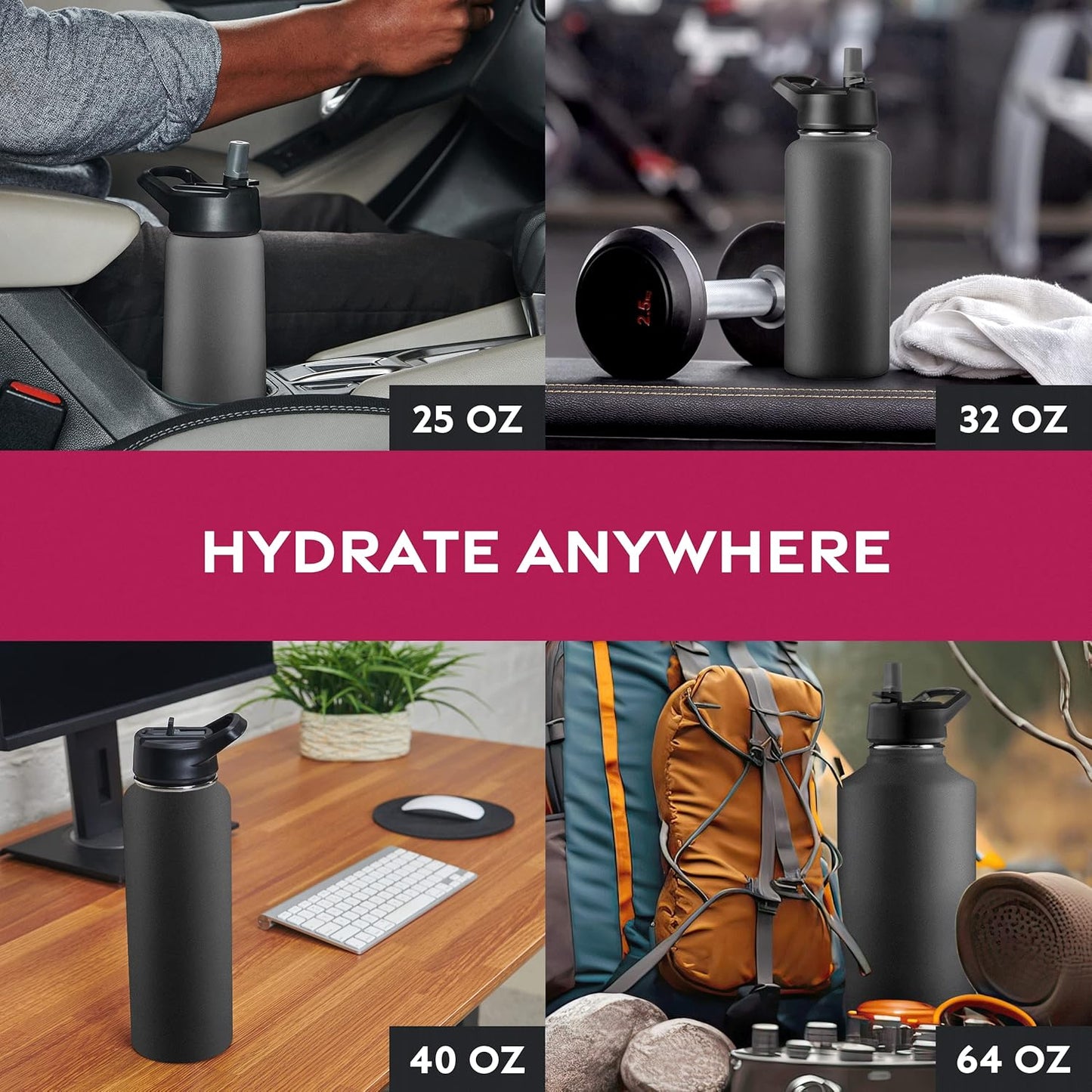 FineDine Water Bottle - Stainless Steel Insulated Water Bottle with Straw Lid, Flip Lid & Wide-Mouth Cap - Keeps Hot and Cold - 25 Oz / 739ml - Pure Pearly White