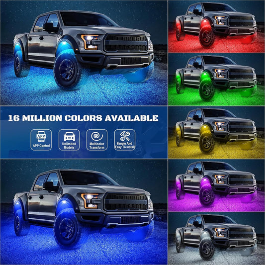 MAODANER 4 Pods RGB LED Rock Lights Kit – App-Controlled Multi-Color Underbody Neon Lights, 175° Beam, Music Mode, Waterproof for Trucks, Cars, ATV, UTV, SUV, Motorhomes