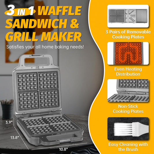 FineMade Belgian Waffle Maker with Removable Plates, Waflera Electrica, Large Waffle Iron, 3 in 1 Panini Grill Press Breakfast Sandwich Maker, Electric Griddle, Grilled Cheese Maker, Breakfast Station - PuriLite