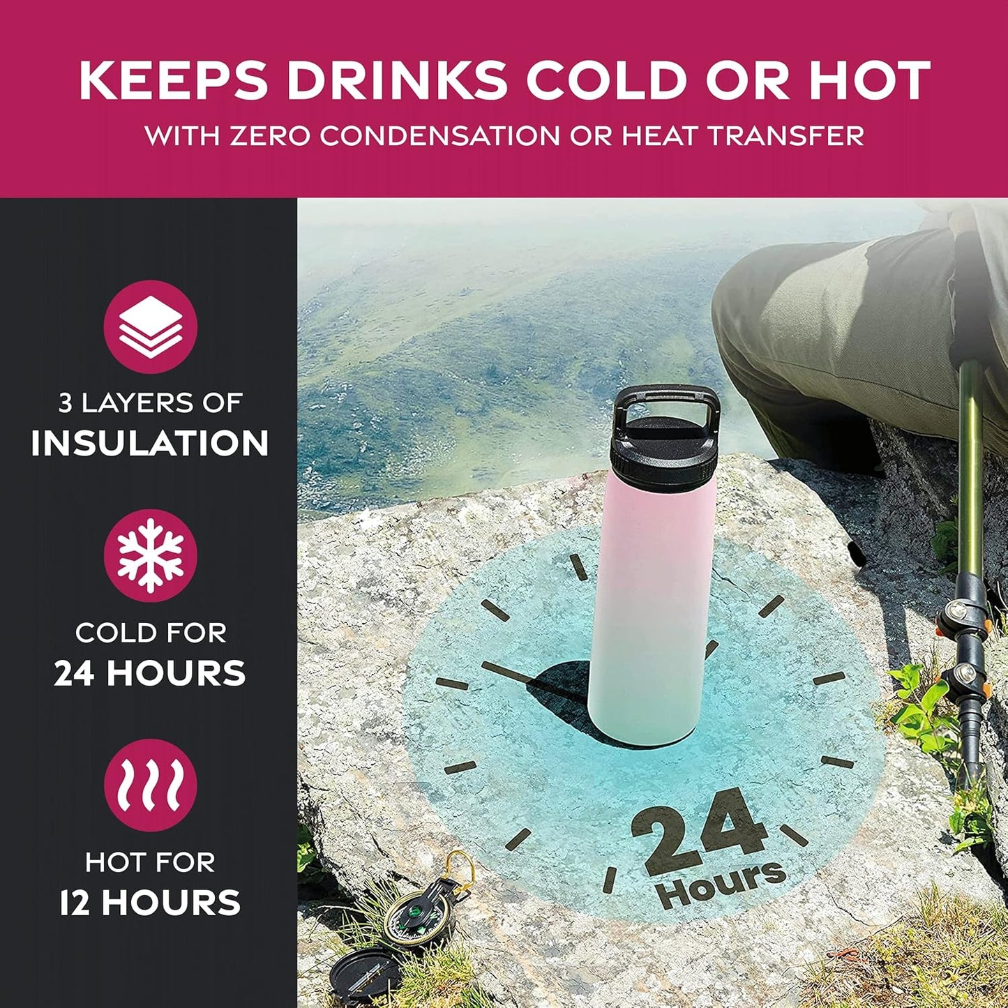 FineDine Water Bottle - Stainless Steel Insulated Water Bottle with Straw Lid, Flip Lid & Wide-Mouth Cap - Keeps Hot and Cold - 25 Oz / 739ml - Pure Pearly White