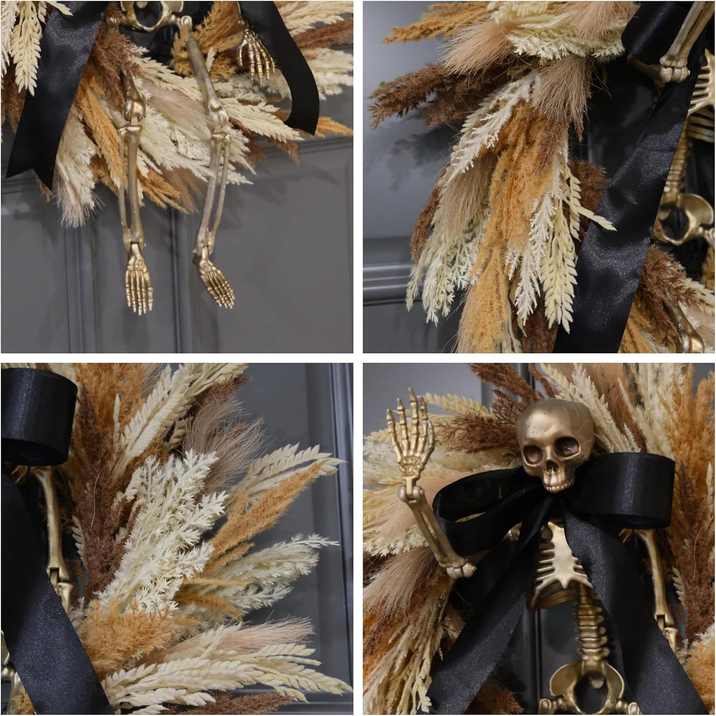 FLOROAD 24" Halloween Wreath for Front Door with Gold Skull Skeleton, Black Bow, Artificial Wheat and Pampas Grass - Fall Halloween Holiday Scary Gothic Decoration for Home Door Wall