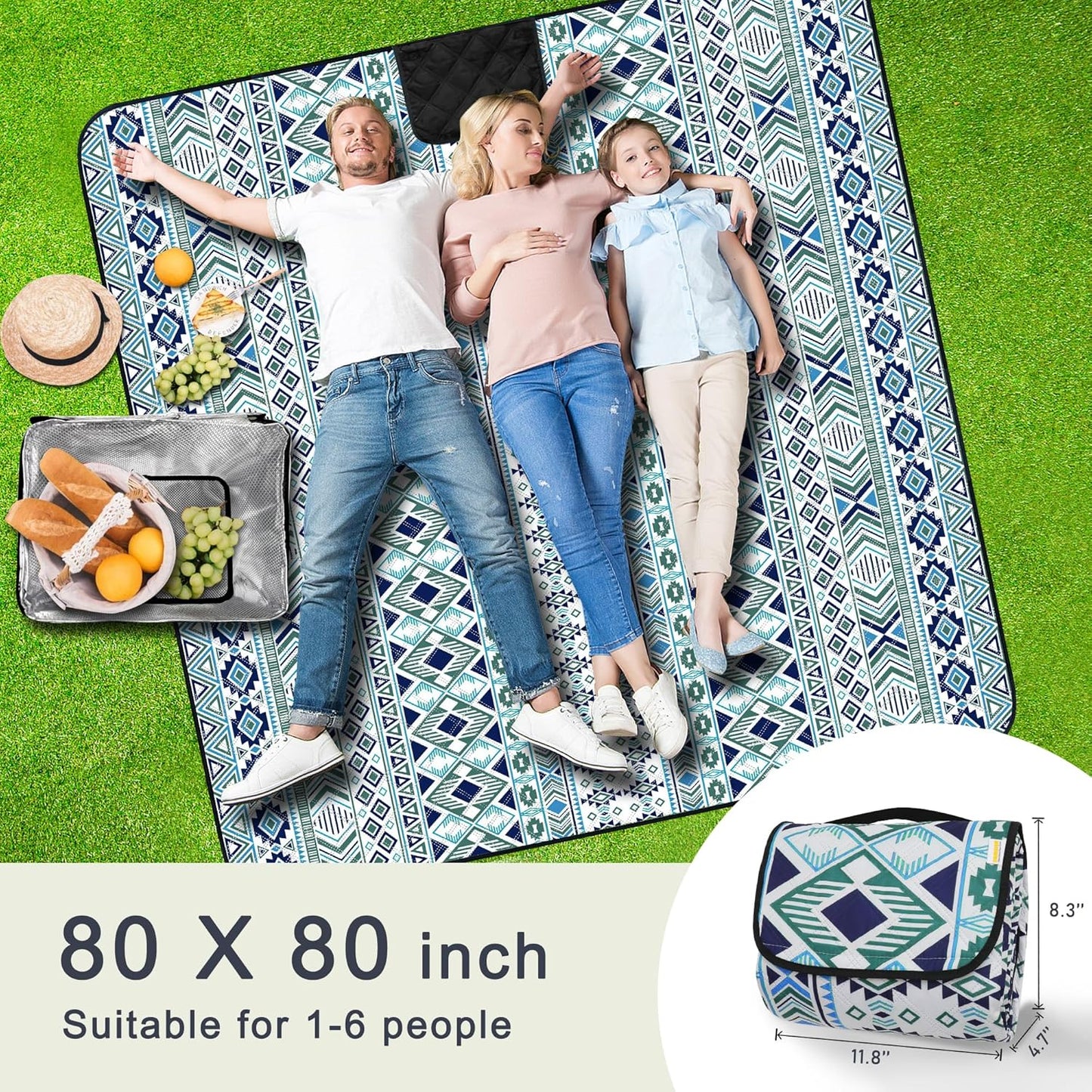 SAMSIER Large Outdoor Picnic Blankets Waterproof Foldable, Beach Blanket Sandproof Portable, Cute Picnic Mat Washable (Navy Blue, 60"×80")