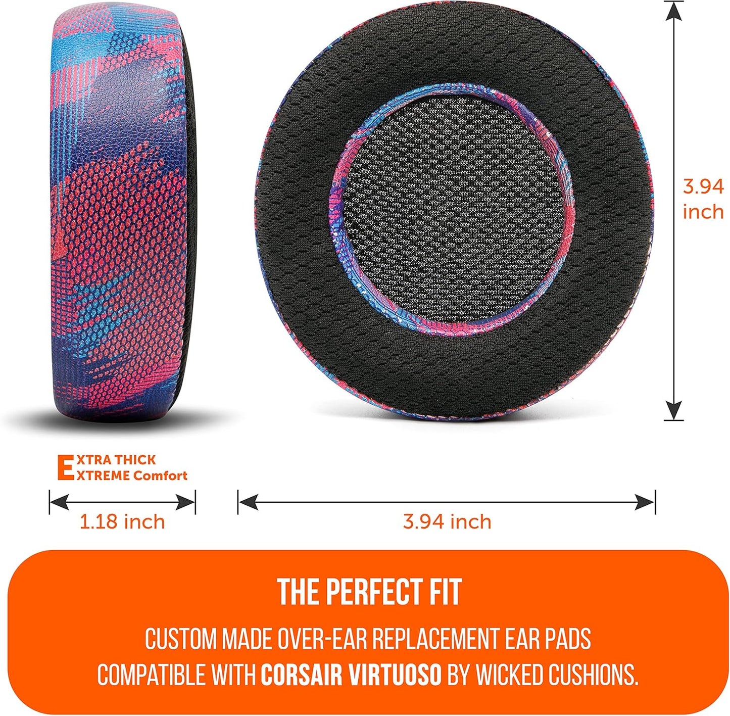 WC Freeze Virtuoso - Hybrid Fabric Cooling Gel Replacement Earpads for Corsair Virtuoso Gaming Headset, Made by Wicked Cushions, Improved Durability, Thickness and Sound Isolation |90s Black