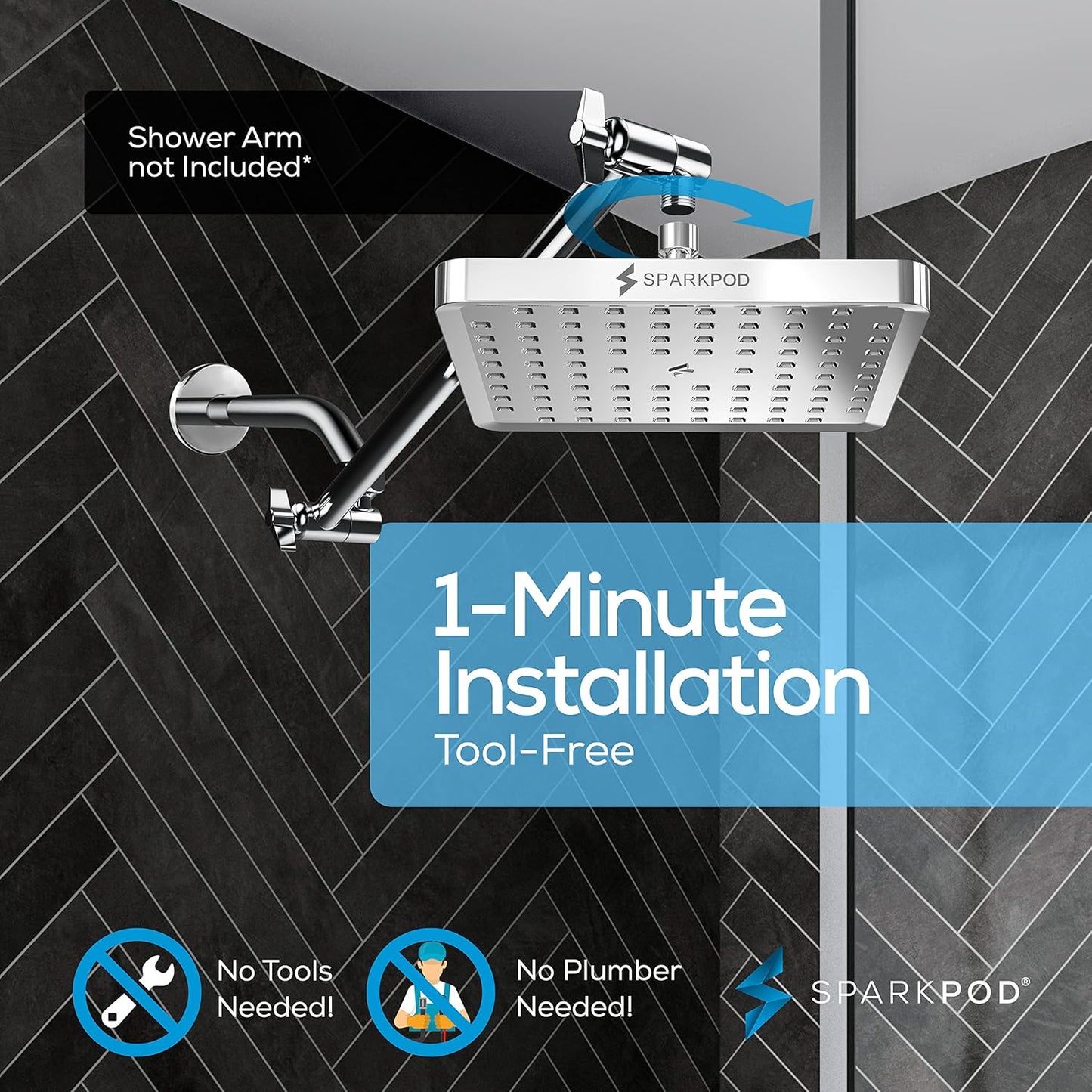 SparkPod Shower Head - High Pressure Rain - Premium Quality Luxury Design - 1-Min Install - Easy Clean Adjustable Replacement for Your Bathroom Shower Heads (Luxury Polished Chrome, 6 Inch Round)