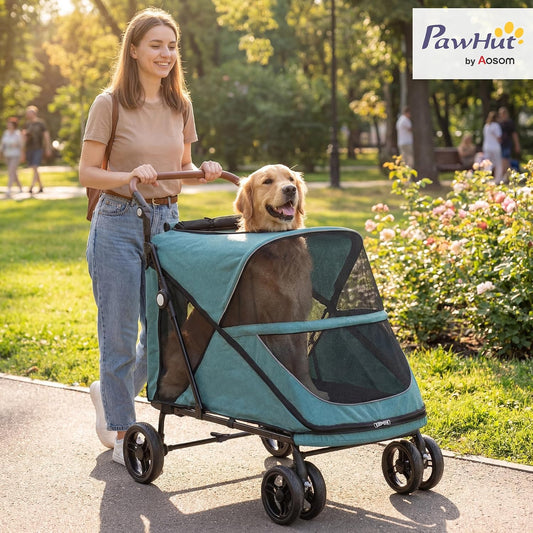 PawHut Dog Stroller for Large Dogs Up to 66 lbs Easy Fold Cart Turquoise | 4-Wheel Shock Absorption, One-Foot Brake, All Terrain Wagon Cart, Air Mesh