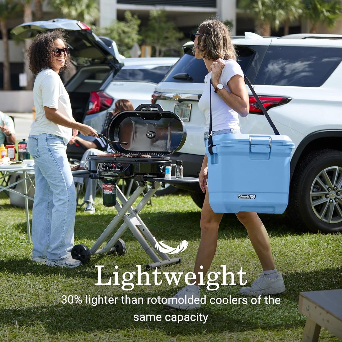 Coleman Pro Heavy-Duty Ultra-Light Premium Hard Cooler, 92/74/36-Can Capacity, Extra-Thick Insulation Keeps Ice up to 5/4/3 Days, 55-Quart Wheeled Cooler or 45/25 qt (No Wheels), Blue Sky