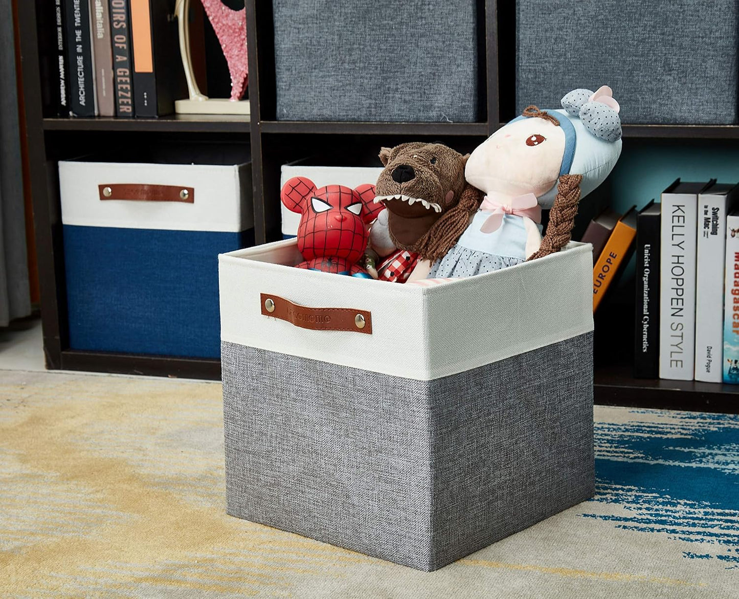 DECOMOMO Fabric Cube Storage Bin - Storage Baskets for Shelves, Kallax (Grey & White, 13 inch Cube) - 4 Pack