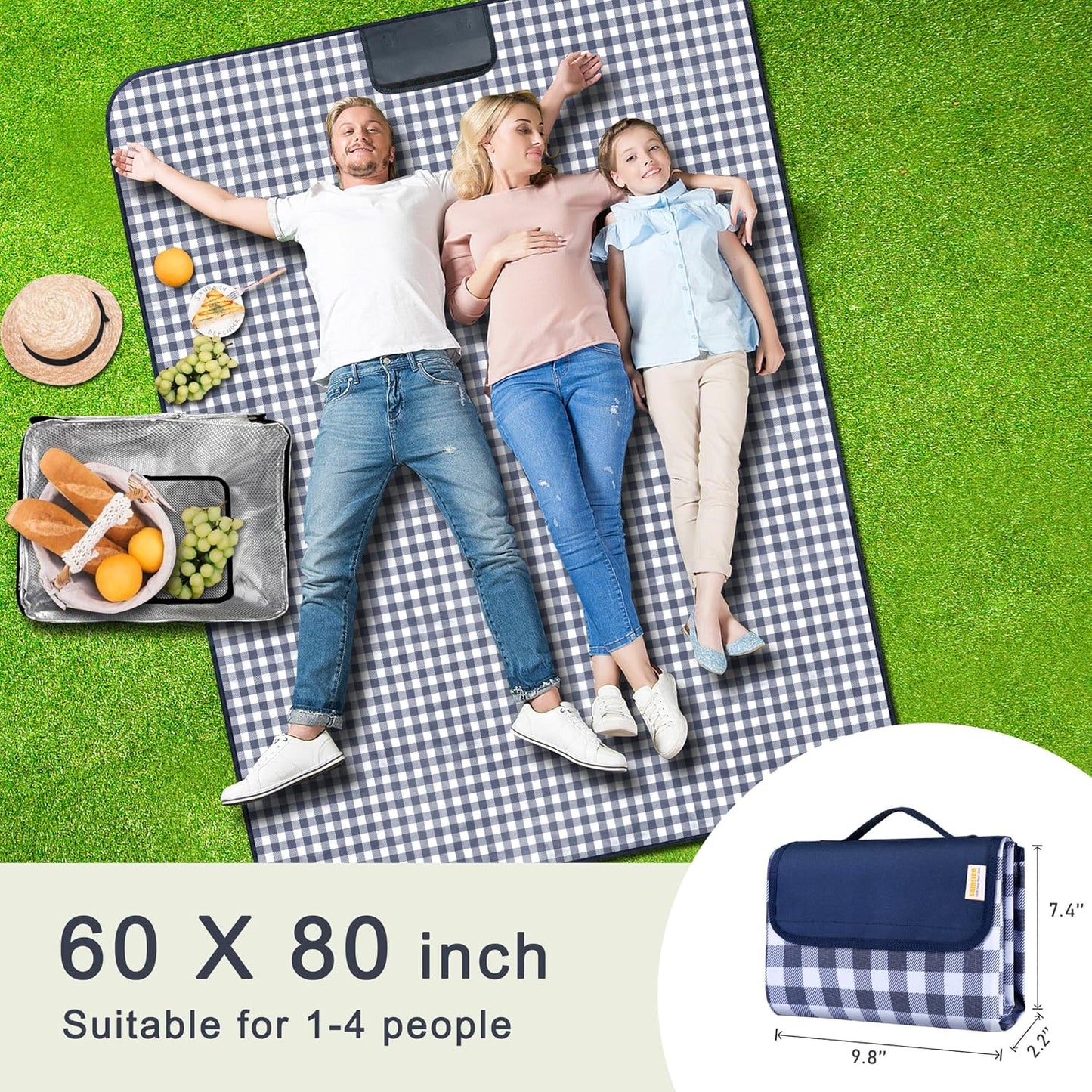 SAMSIER Large Outdoor Picnic Blankets Waterproof Foldable, Beach Blanket Sandproof Portable, Cute Picnic Mat Washable (Navy Blue, 60"×80")