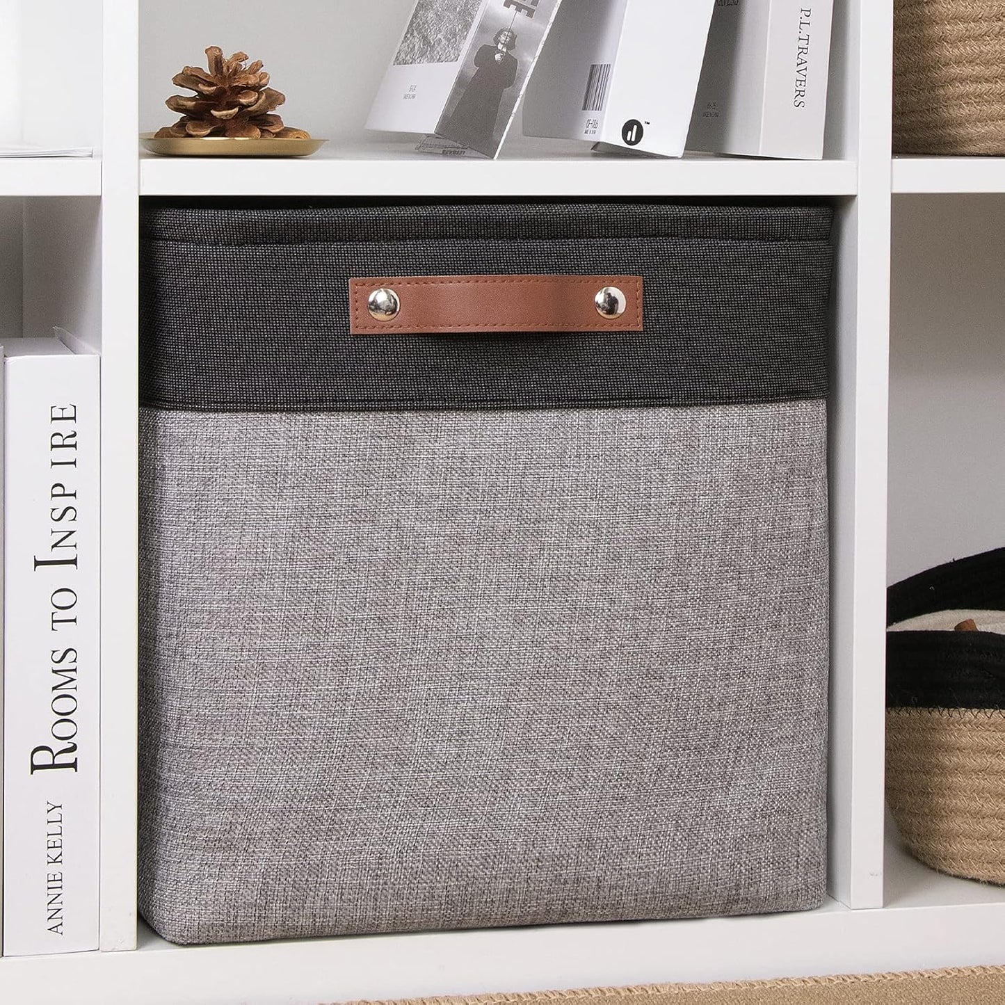 DULLEMELO Storage Baskets for Shelves, Fabric Collapsible Rectangular Storage Bins for Shelves, Closets, Nursery, Home, Office, Empty Gift Baskets (White&Teal)