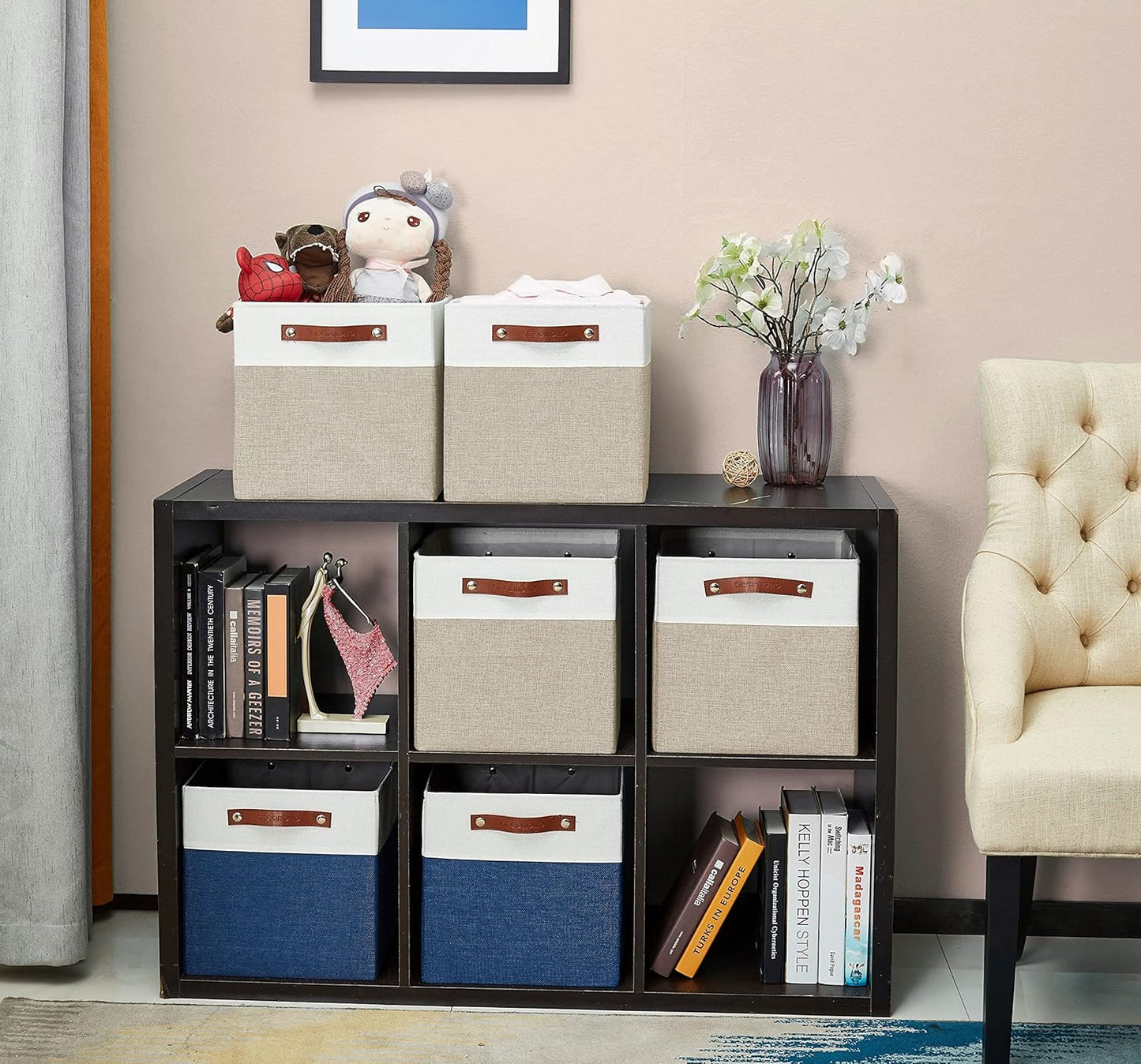 DECOMOMO Fabric Cube Storage Bin - Storage Baskets for Shelves, Kallax (Grey & White, 13 inch Cube) - 4 Pack
