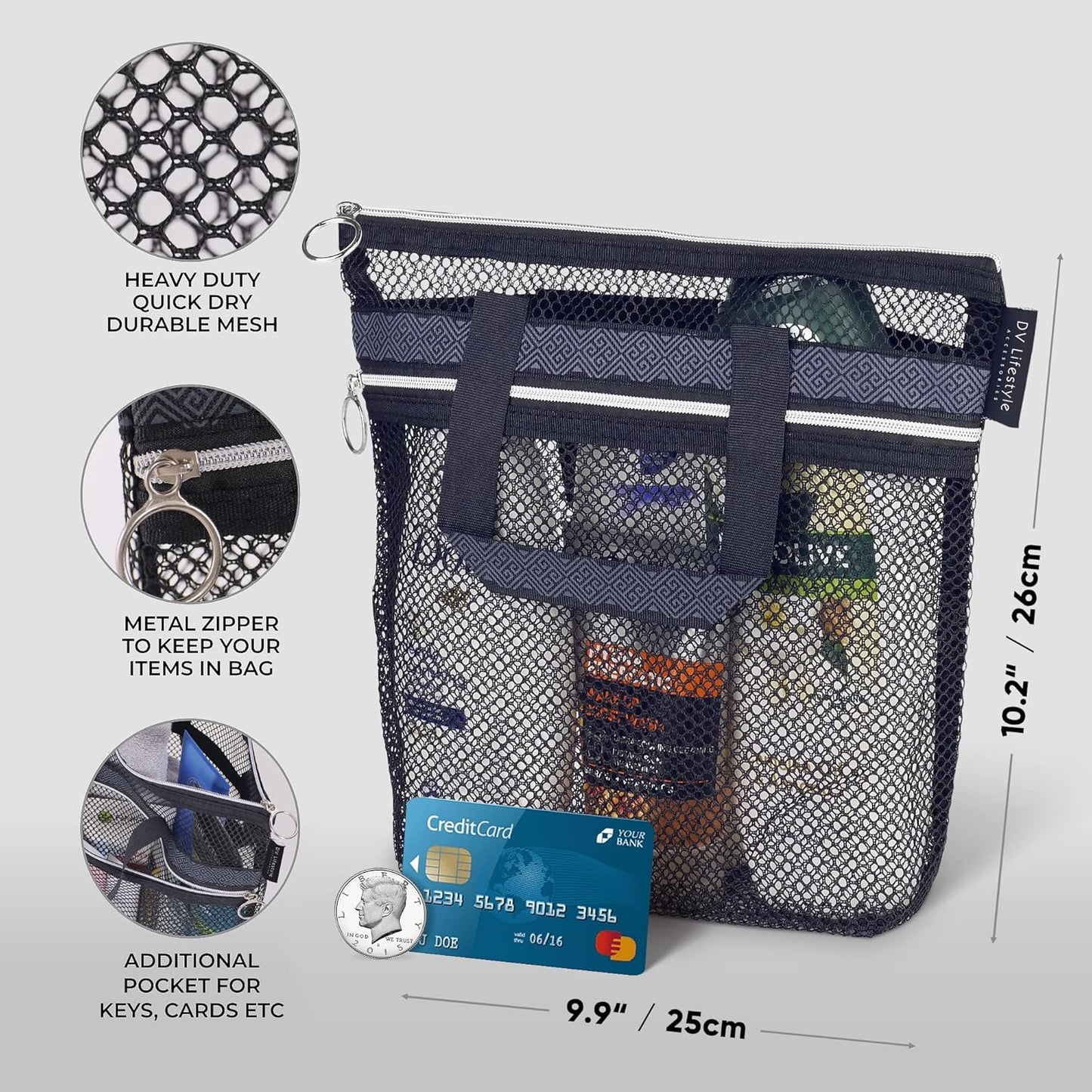 Mesh Shower Caddy Portable 10.2x9.9'' Shower Bag with Zipper & 2 Pockets. Shower Tote Ideal for Gym, Travel, Camp, Beach, for Sunscreen, Dorm & College Essentials (Black)