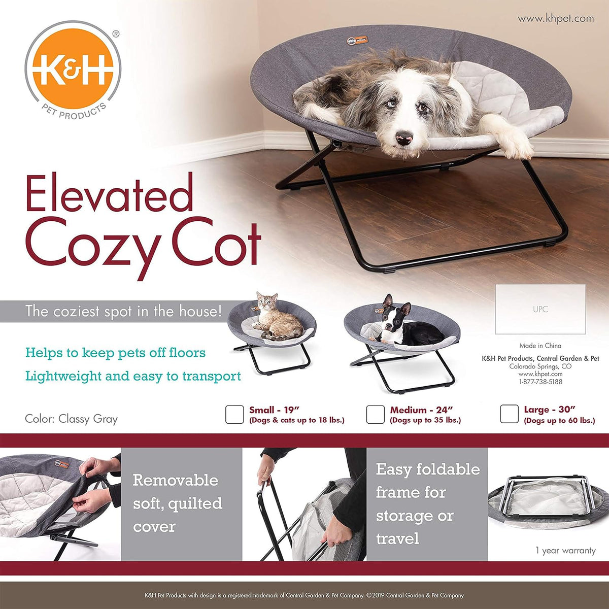 K&H PET Products Elevated Cozy Cot Classy Gray Medium 24 Inches