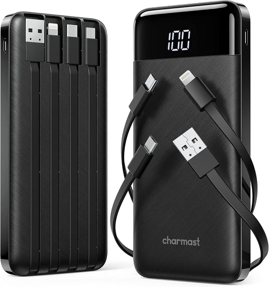 Charmast 2 Pack of Portable Chargers with Built in Cables, 2PCS Slim 10000mAh Travel Essentials Battery Pack 6 Outputs 3A Power Banks for iPhone Samsung Pixel LG Moto iPad (Black + Black)