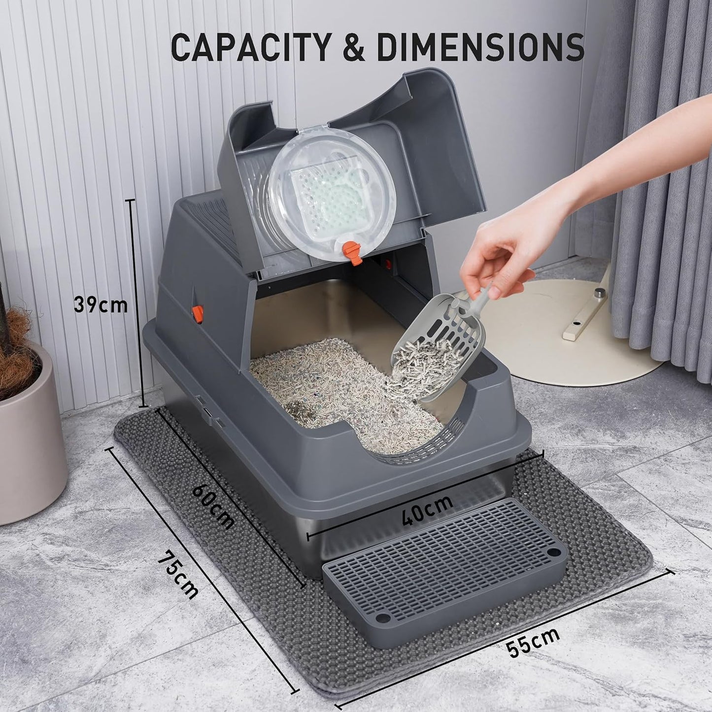 Citylife Stainless Steel Litter Box with Lid Flip-Top Removable High Enclosed Cat Litter Box with Litter Mat Step&Litter Scoop Metal Litter Pan Easy Cleaning Odor-Resistant Large Space for Cats Black
