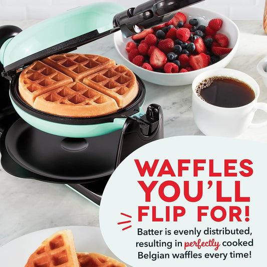 DASH Flip Belgian Waffle Maker – 1” Thick Waffle Mold, Nonstick Waffle Iron with Quick Heat-Up, Surface - Rotating Belgian Waffle Maker for Kids and Families, Just Add Batter (Aqua) - PuriLite