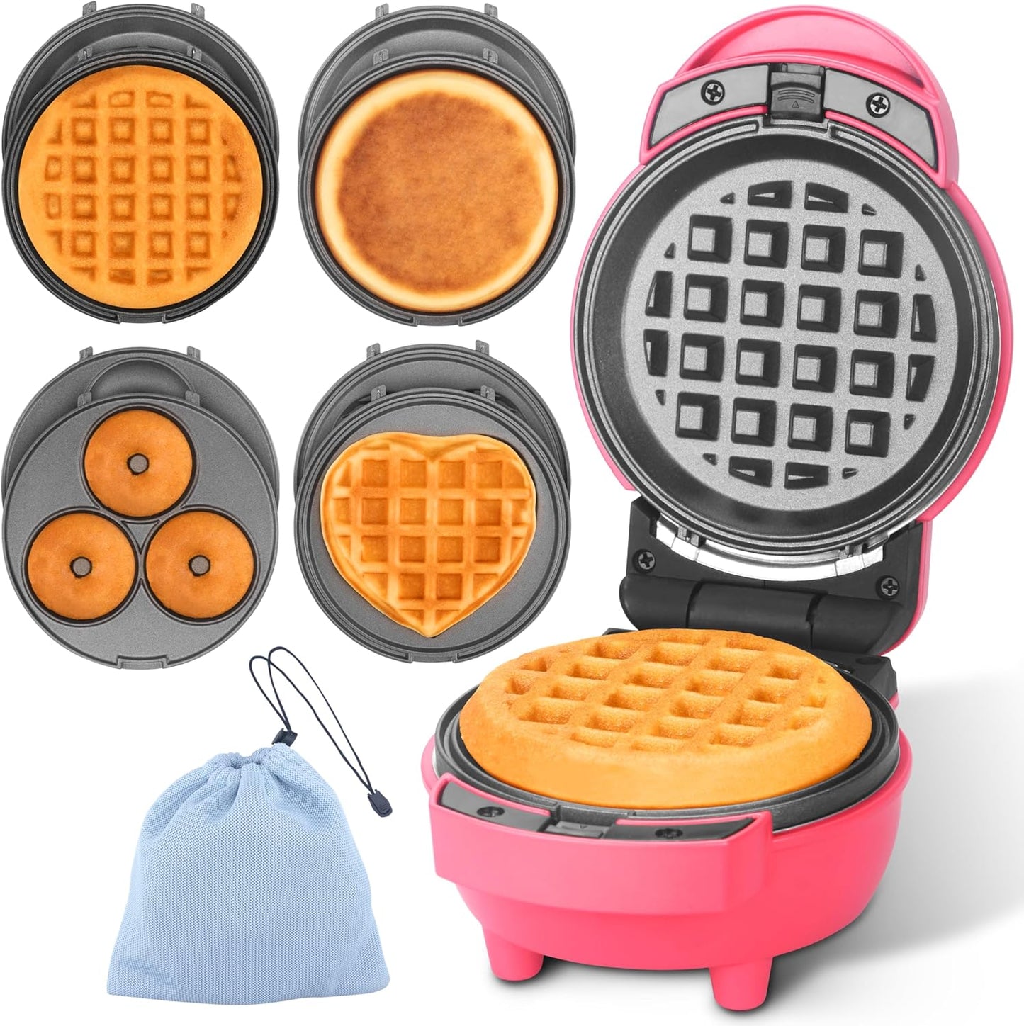 Baker's Friend 4 in 1 Mini Waffle Maker With Removable Plates - Pancake, Donut, Heart Shape and Small Waffle Maker Set - Recipe Included, Graphite