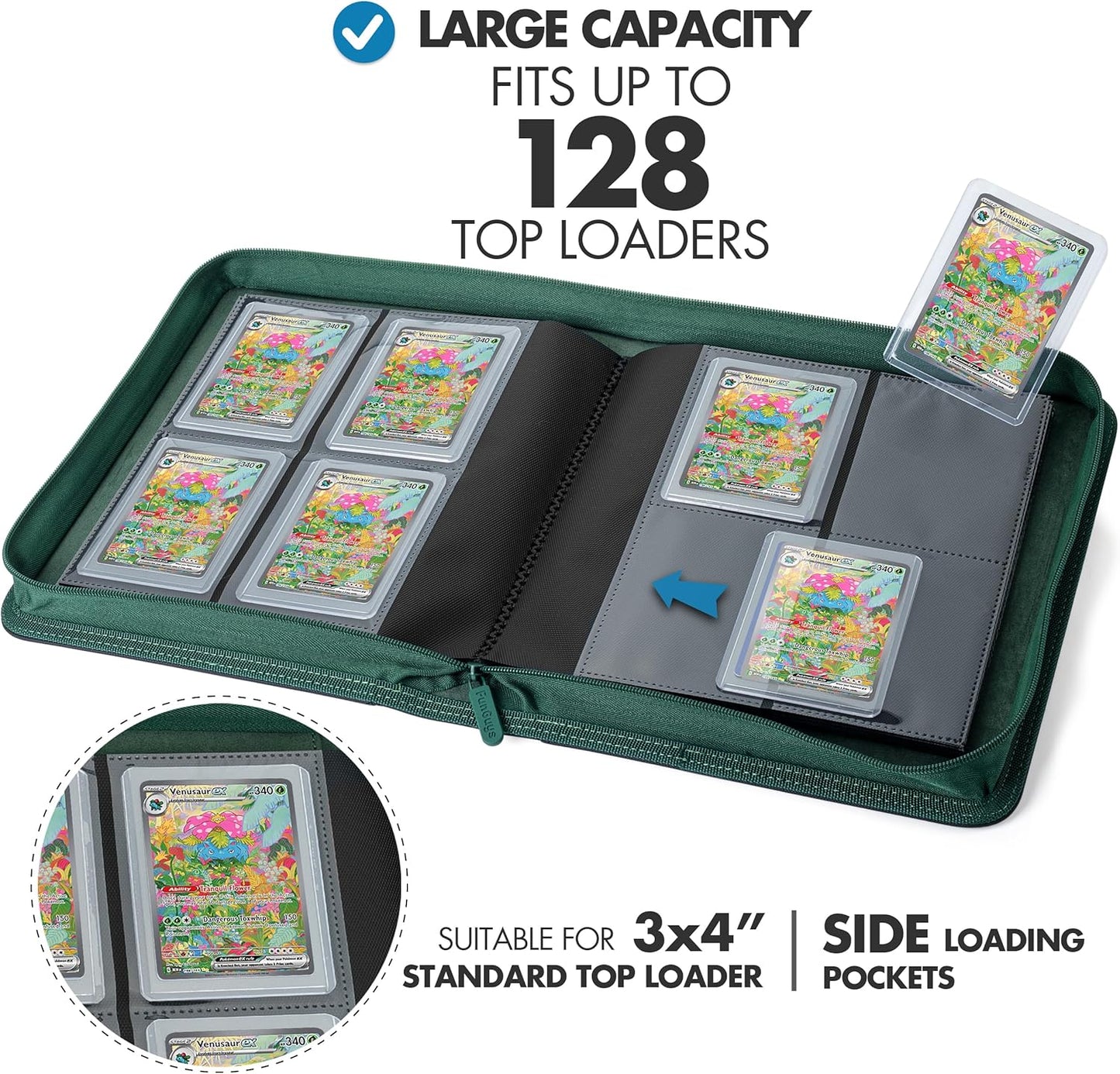 FunGuys Toploader Binder, Trading Card Binder Storage,128 4 Pocket Top Loader Pokemon Binder, Card Collection Yugioh Cards, MTG, TCG, Folders for Trading Cards