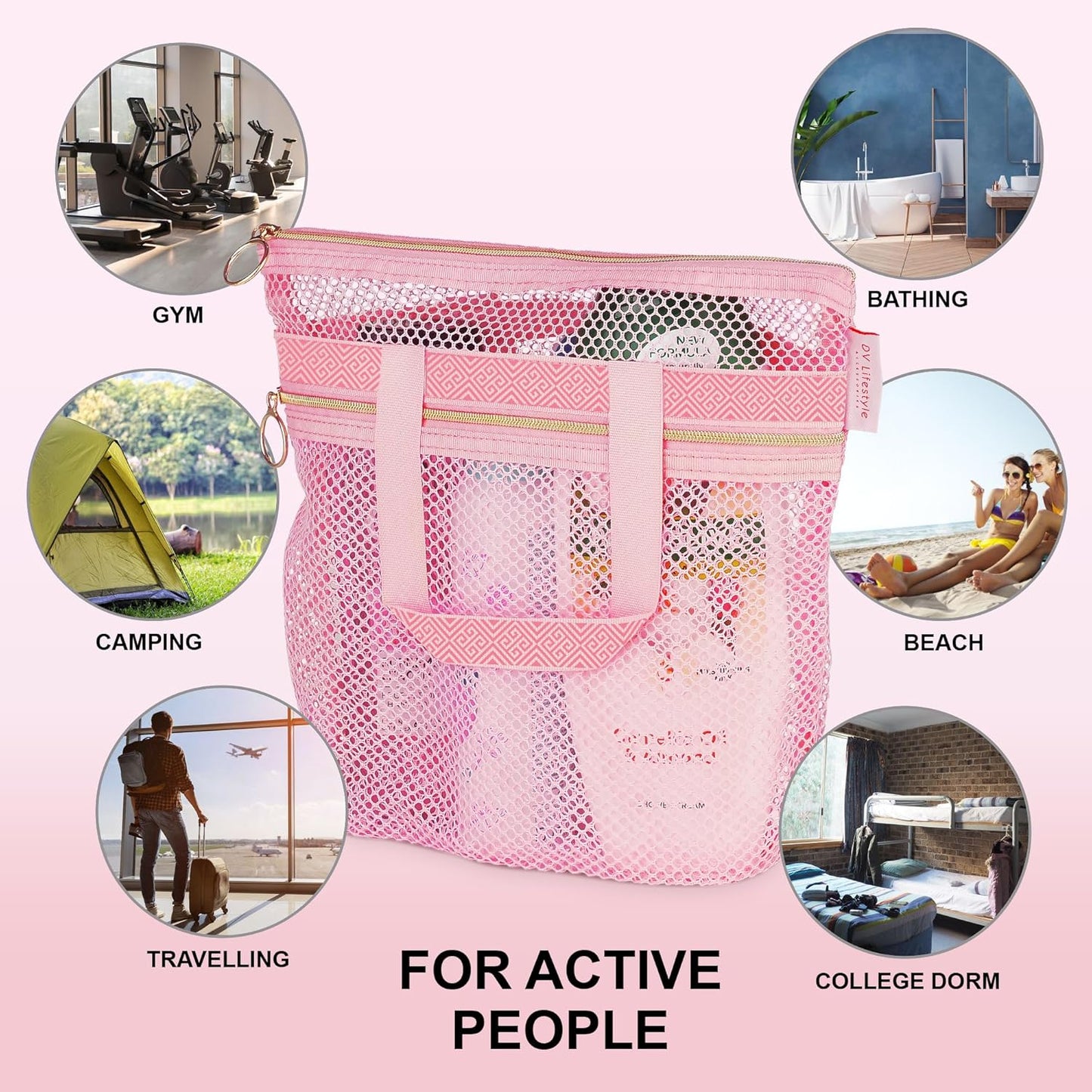 Mesh Shower Caddy Portable 10.2x9.9'' Shower Bag with Zipper & 2 Pockets. Shower Tote Ideal for Gym, Travel, Camp, Beach, for Sunscreen, Dorm & College Essentials (Black)