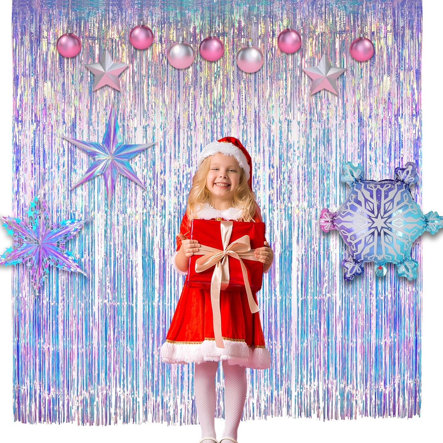 GREATRIL Iridescent Party Tinsel Fringe Backdrop Decorations - Holographic Foil Streamers Curtain for Mermaid/Under The Sea/Frozen/Ocean/Disco/Birthday Themed 3.2ft x 6.5ft - 2 PCS