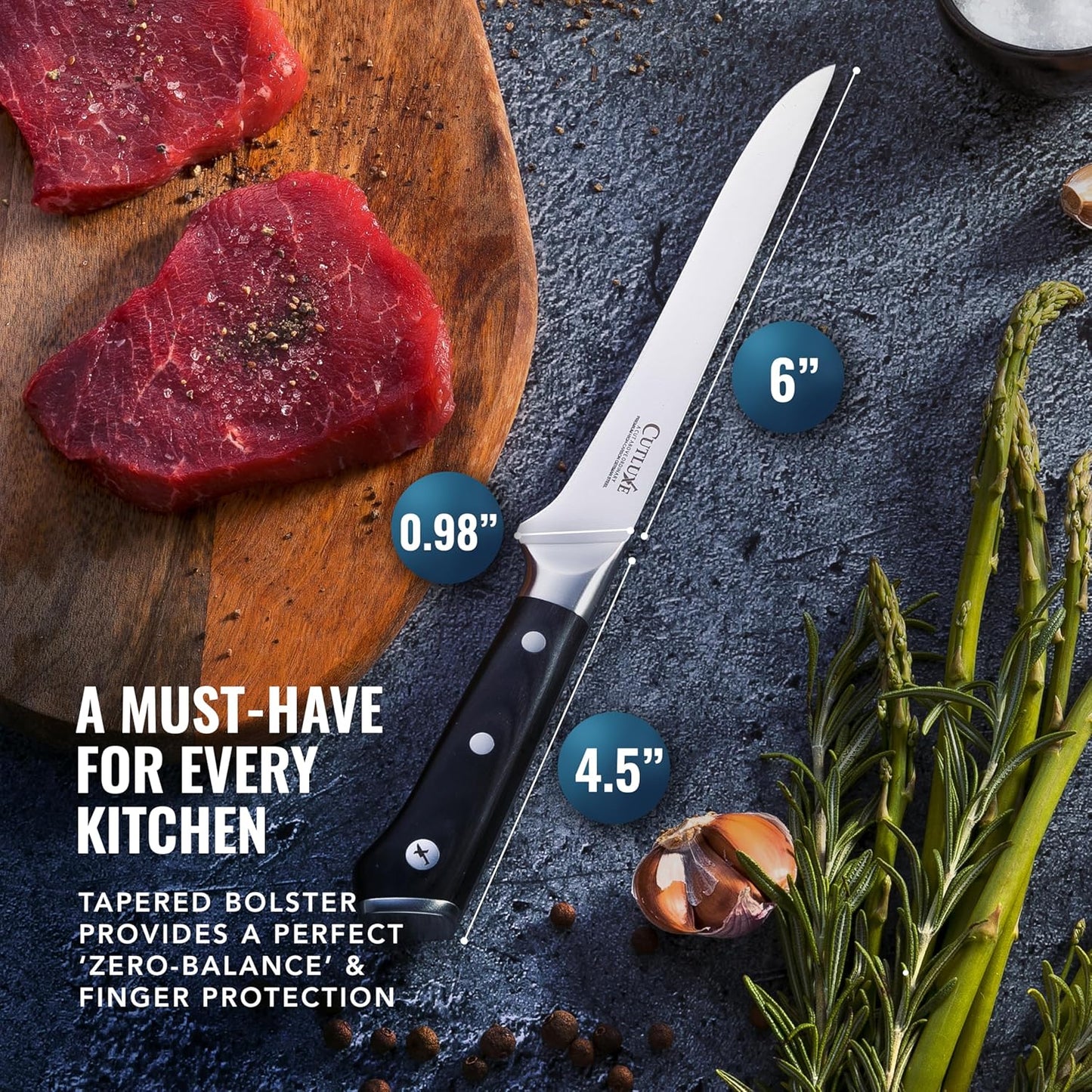 Cutluxe Curved Boning Knife – 6" Boning Knife for Meat Cutting, Fillet Knife – High Carbon German Steel, Full Tang & Ergonomic Handle Design – Artisan Series