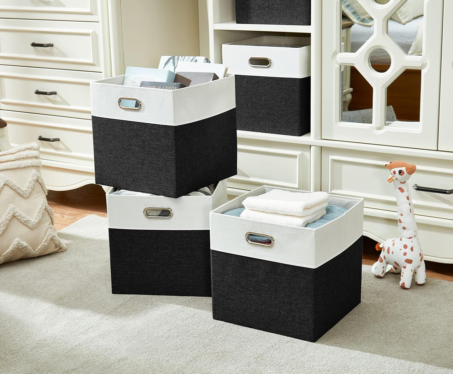 DECOMOMO Fabric Cube Storage Bin - Storage Baskets for Shelves, Kallax (Grey & White, 13 inch Cube) - 4 Pack
