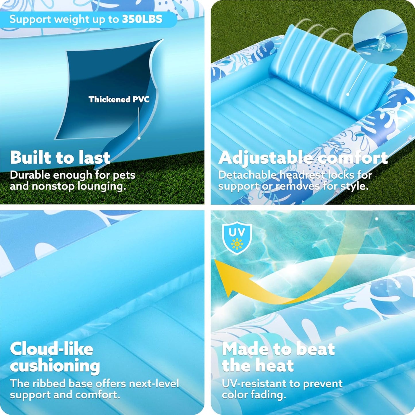Sloosh Inflatable Tanning Pool Lounger Float-XL, 85" x 57" Extra Large Suntan Sun Tan tub for Adults, Bed Blow up, Raft Lounge Floatie, XL-Blue