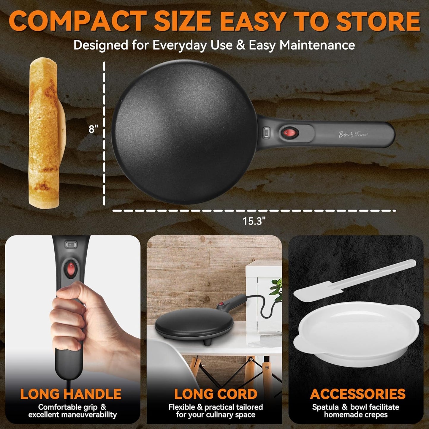 Baker's Friend Crepe Maker Machine with Auto Power Off, Portable Crepe Maker with Non Stick Dipping Plate, Automatic Temperature Control (Graphite)