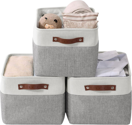 DECOMOMO Storage Bins | Fabric Storage Basket for Shelves for Organizing Closet Shelf Nursery Toy | Decorative Large Linen Closet Organizers with Handles Cubes (White, Large 3 Pack) - PuriLite
