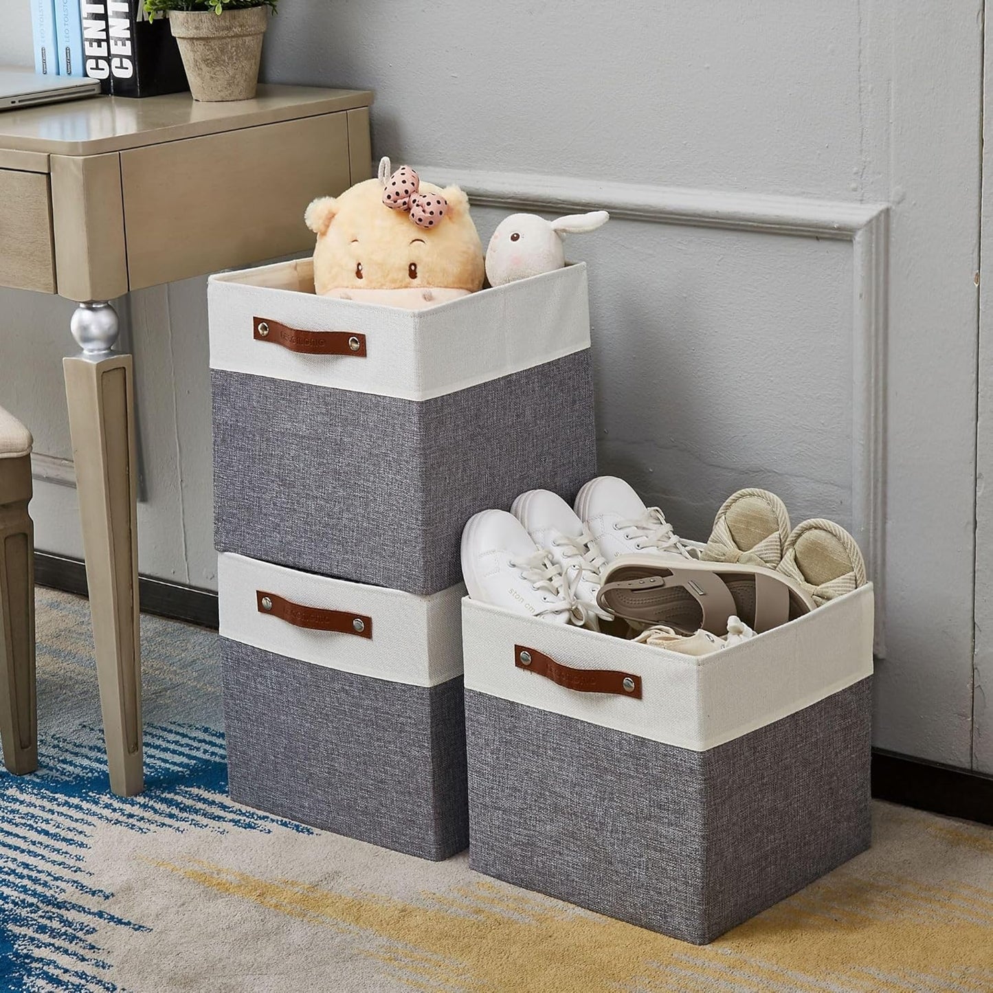 DECOMOMO Fabric Cube Storage Bin - Storage Baskets for Shelves, Kallax (Grey & White, 13 inch Cube) - 4 Pack