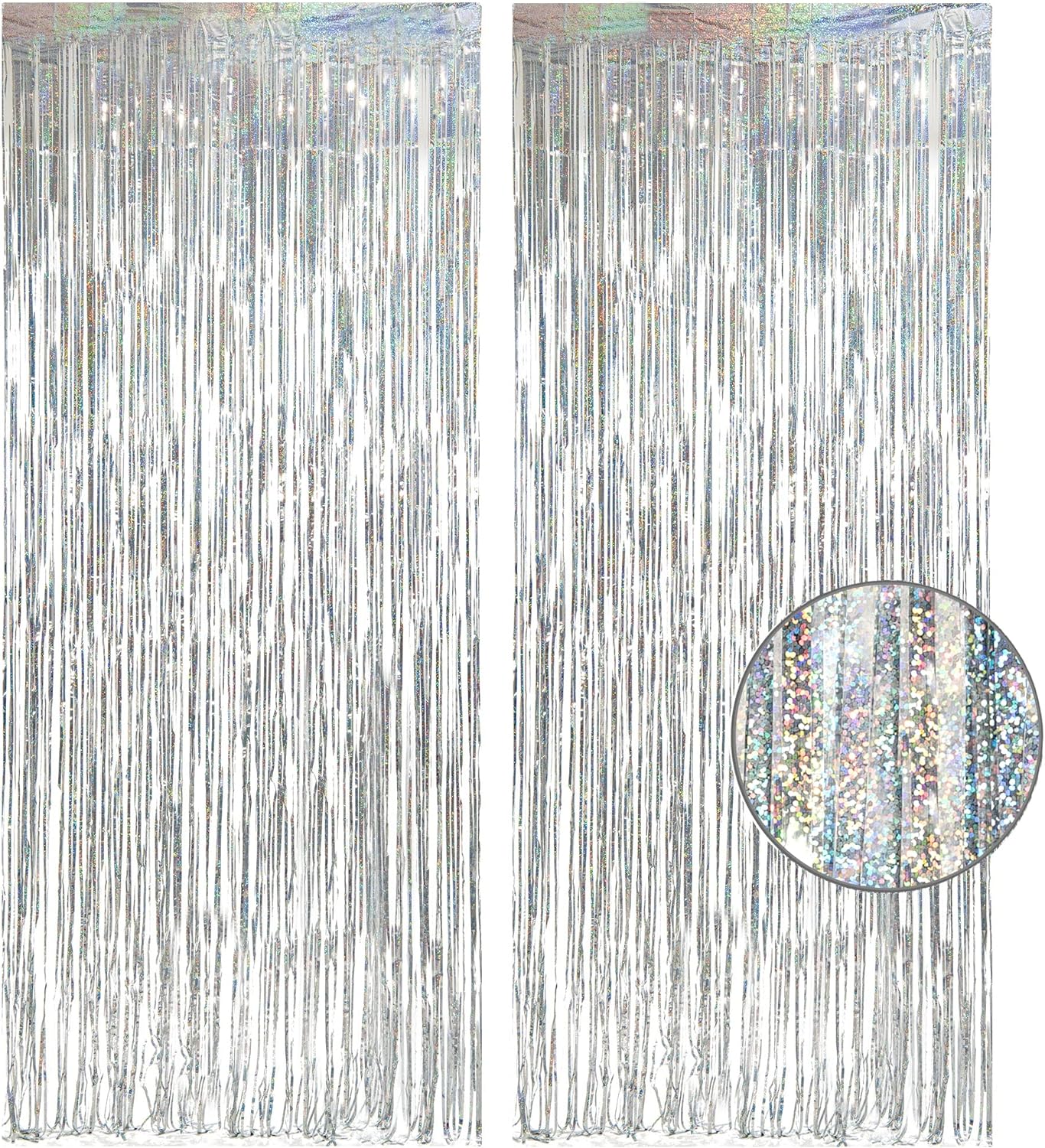 GREATRIL Iridescent Party Tinsel Fringe Backdrop Decorations - Holographic Foil Streamers Curtain for Mermaid/Under The Sea/Frozen/Ocean/Disco/Birthday Themed 3.2ft x 6.5ft - 2 PCS