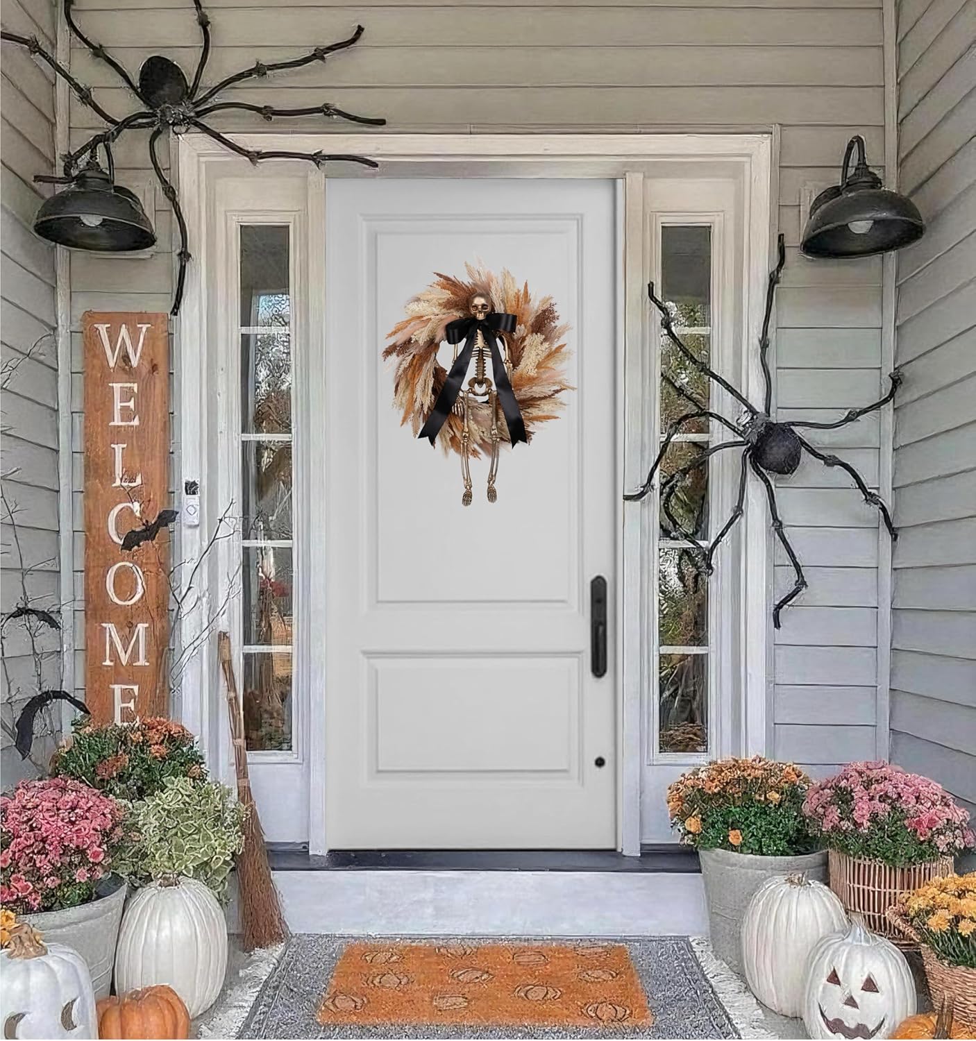 FLOROAD 24" Halloween Wreath for Front Door with Gold Skull Skeleton, Black Bow, Artificial Wheat and Pampas Grass - Fall Halloween Holiday Scary Gothic Decoration for Home Door Wall