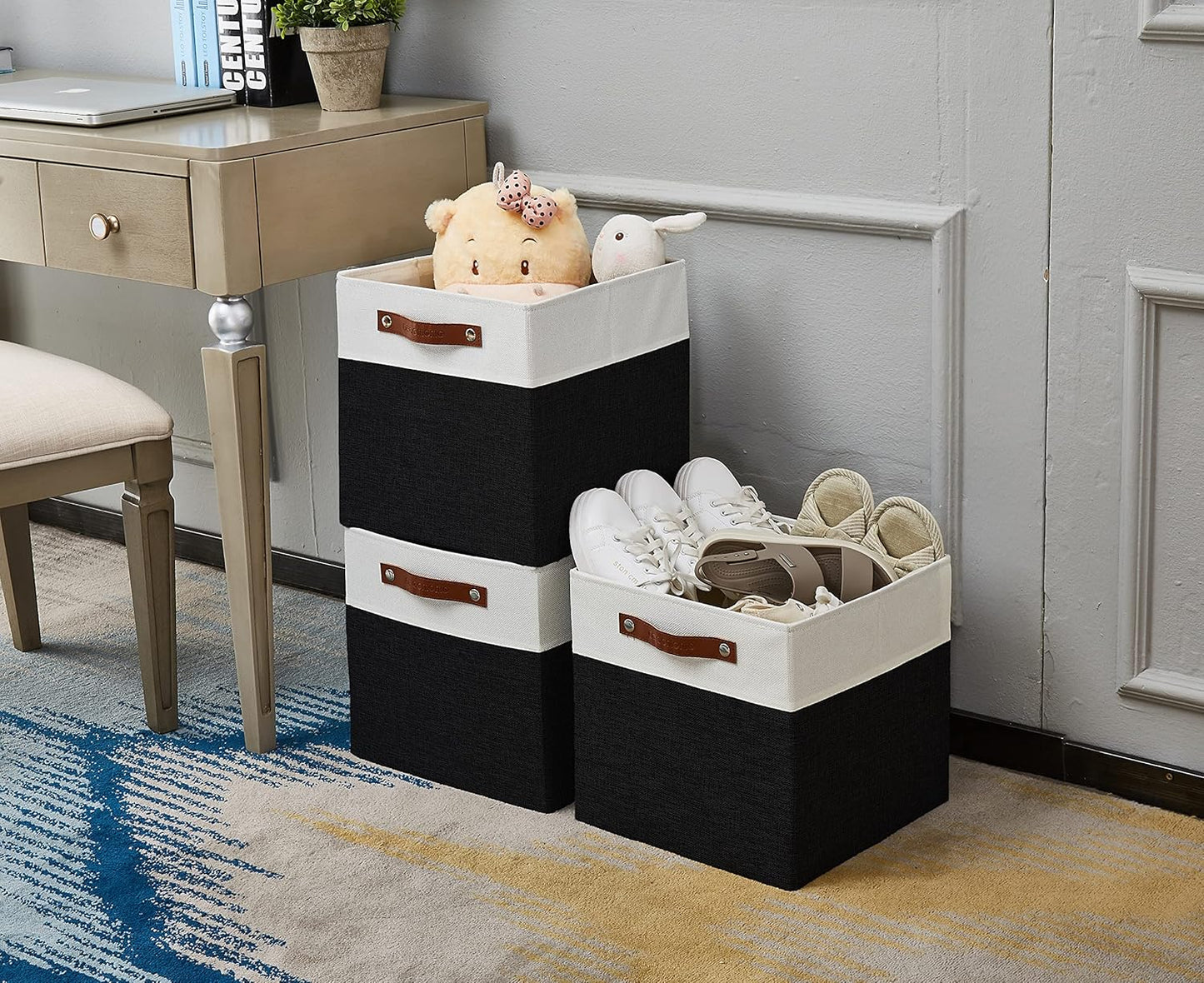 DECOMOMO Fabric Cube Storage Bin - Storage Baskets for Shelves, Kallax (Grey & White, 13 inch Cube) - 4 Pack