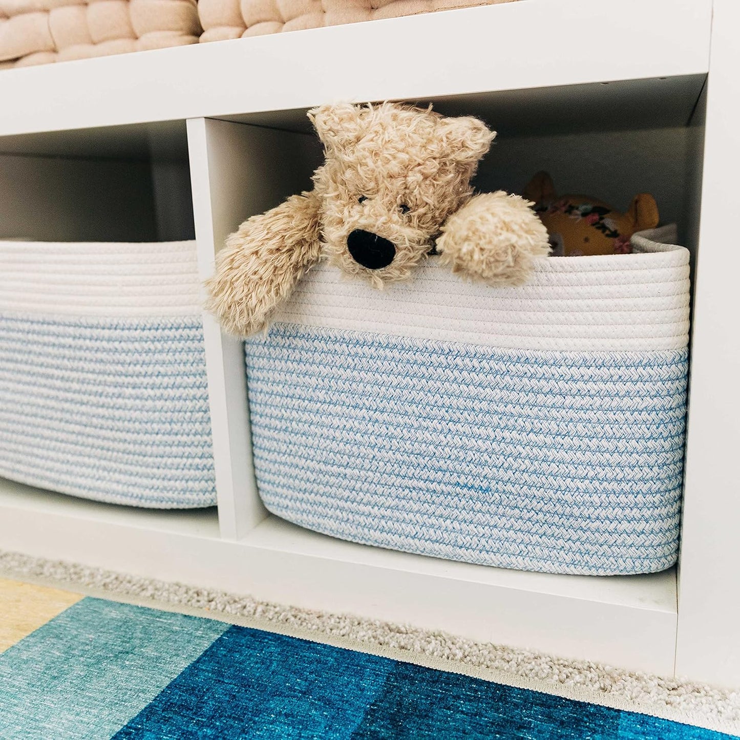 OrganiHaus Soft Woven Baskets for Storage Organization Set of 3, Cotton Rope Nursery Storage Baskets for Shelves, Square Book Bins, Bathroom Towel Hamper, Dog Toy Bins, Panier Rangement - Light Honey