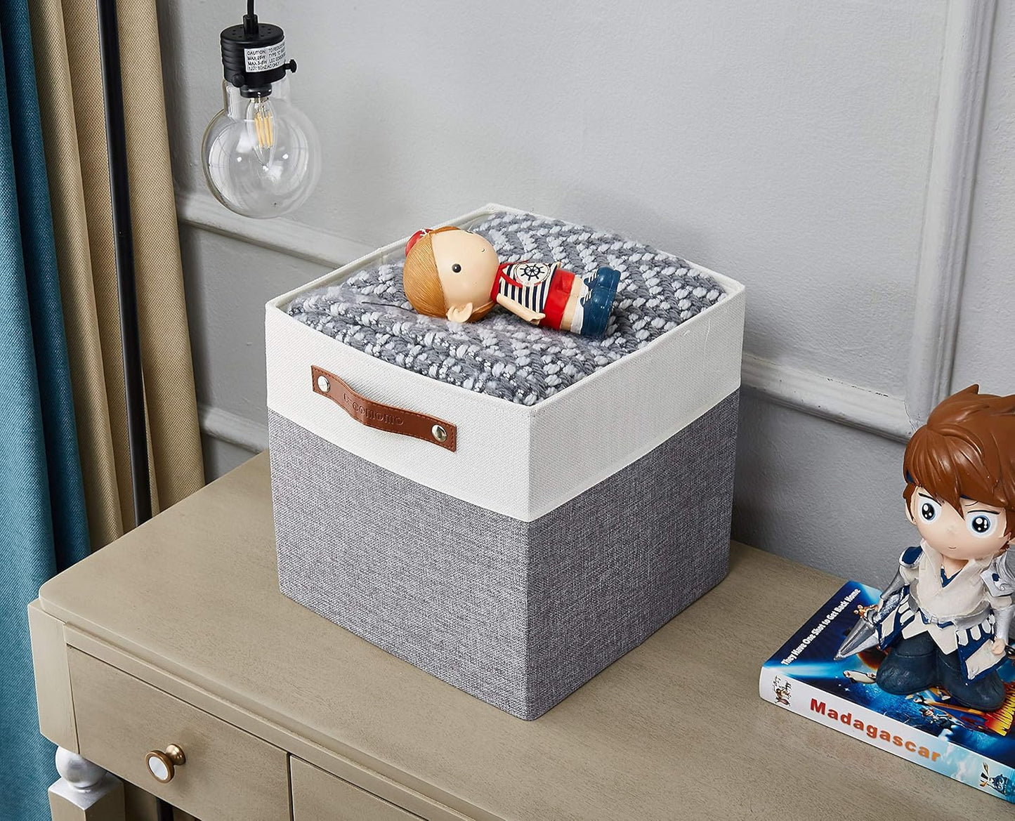 DECOMOMO Fabric Cube Storage Bin - Storage Baskets for Shelves, Kallax (Grey & White, 13 inch Cube) - 4 Pack