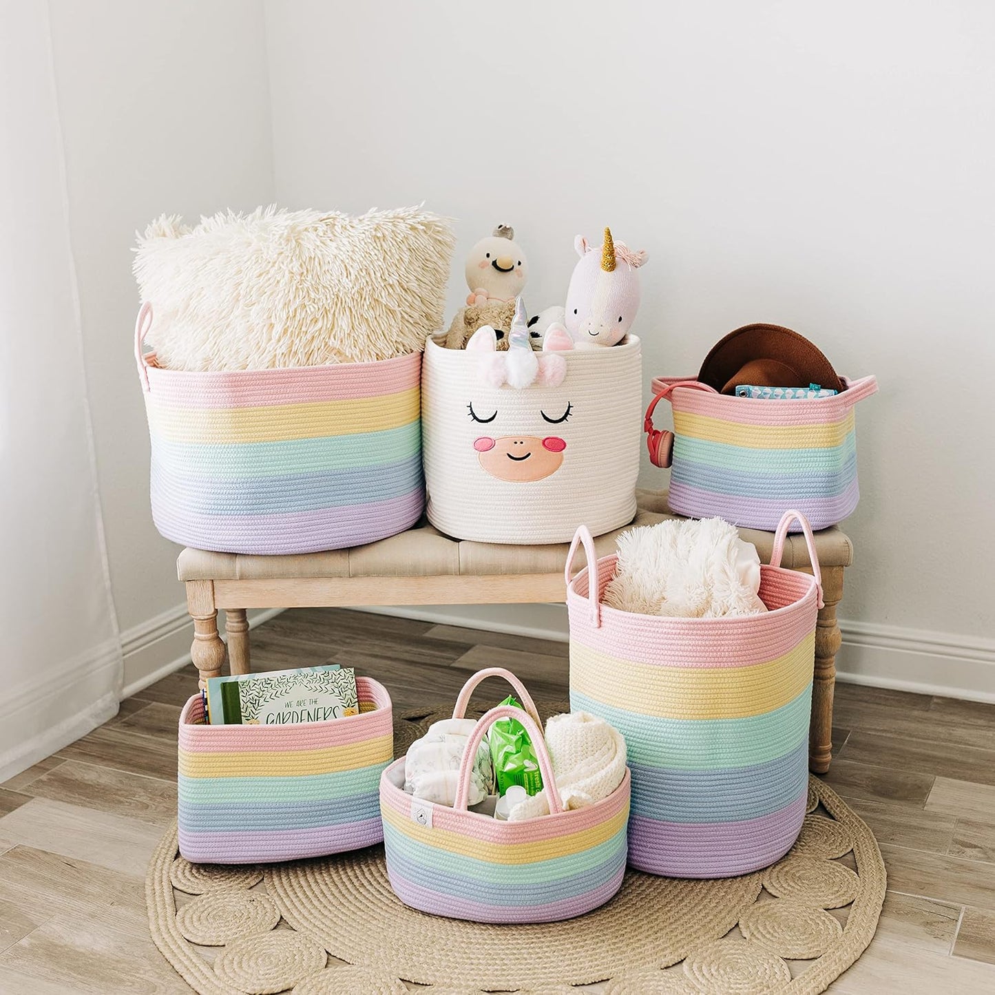 OrganiHaus Soft Woven Baskets for Storage Organization Set of 3, Cotton Rope Nursery Storage Baskets for Shelves, Square Book Bins, Bathroom Towel Hamper, Dog Toy Bins, Panier Rangement - Light Honey