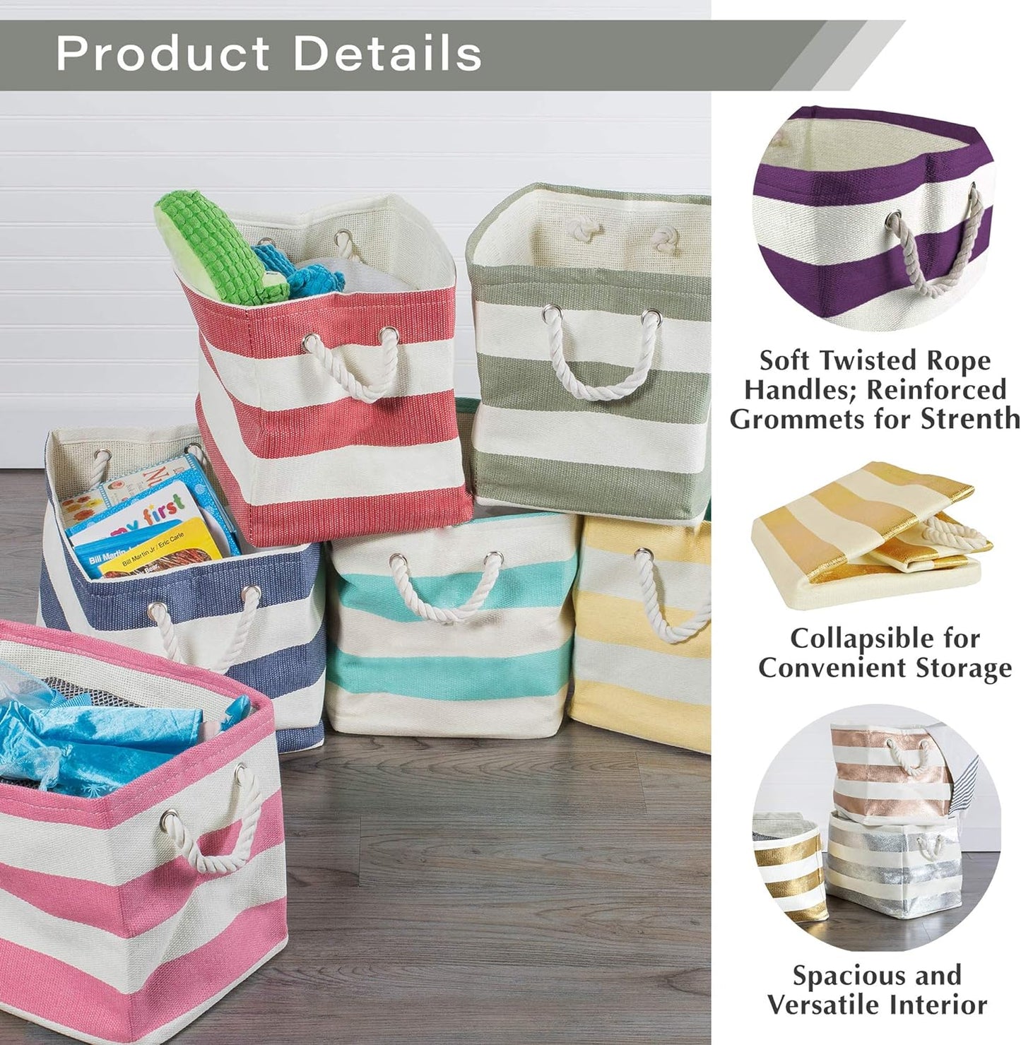 DII Storage Basket or Bin, Collapsible & Convenient Storage Solution for Office, Bedroom, Closet, Toys, Laundry (Large) - Pink Rugby Stripe