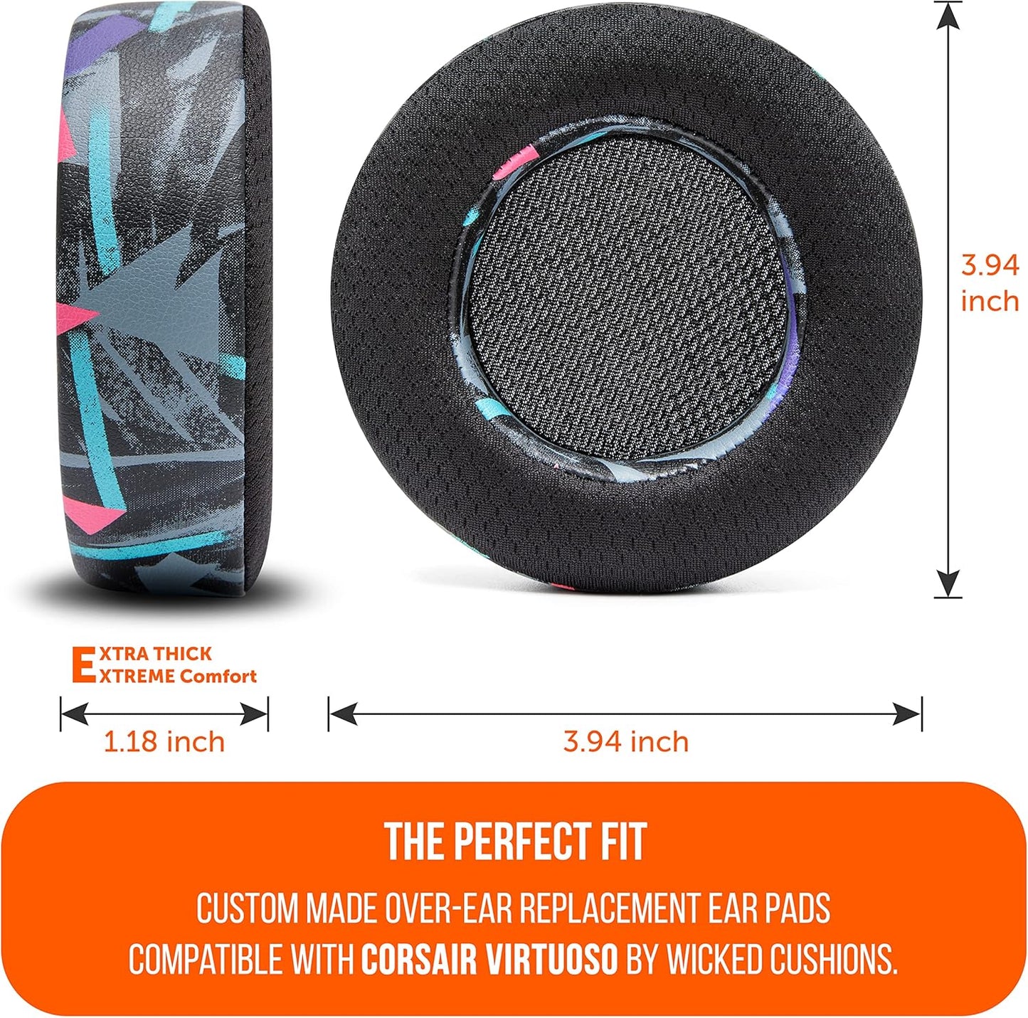 WC Freeze Virtuoso - Hybrid Fabric Cooling Gel Replacement Earpads for Corsair Virtuoso Gaming Headset, Made by Wicked Cushions, Improved Durability, Thickness and Sound Isolation |90s Black