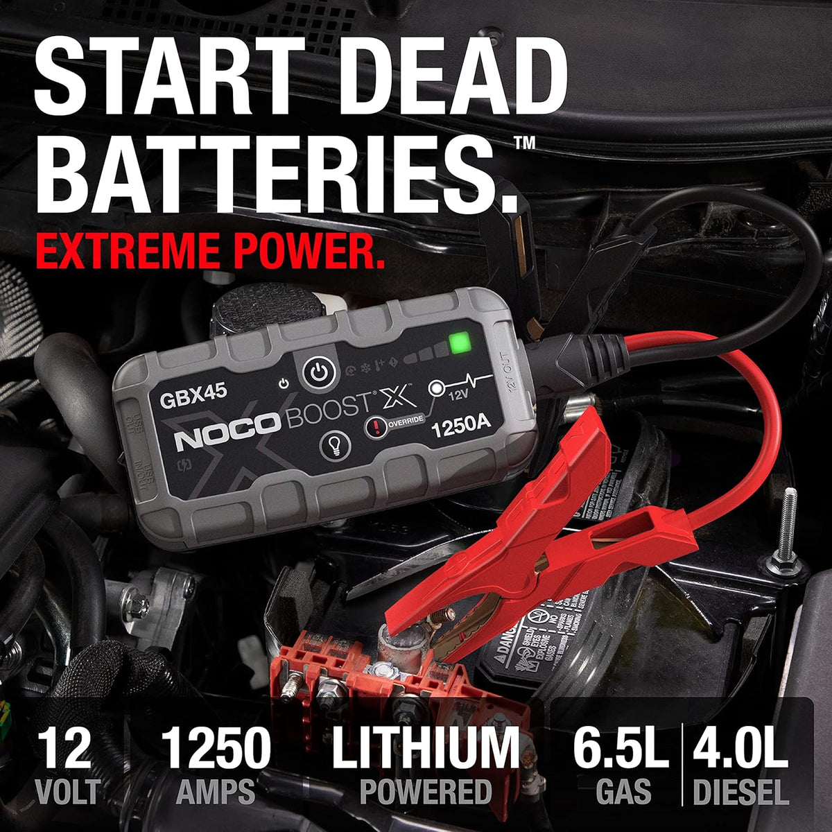 NOCO Boost X GBX45: 1250A UltraSafe Jump Starter – 12V Lithium Battery Booster Pack, Portable Jump Box, Power Bank & Jumper Cables - for 6.5L Gas and 4.0L Diesel Engines - PuriLite