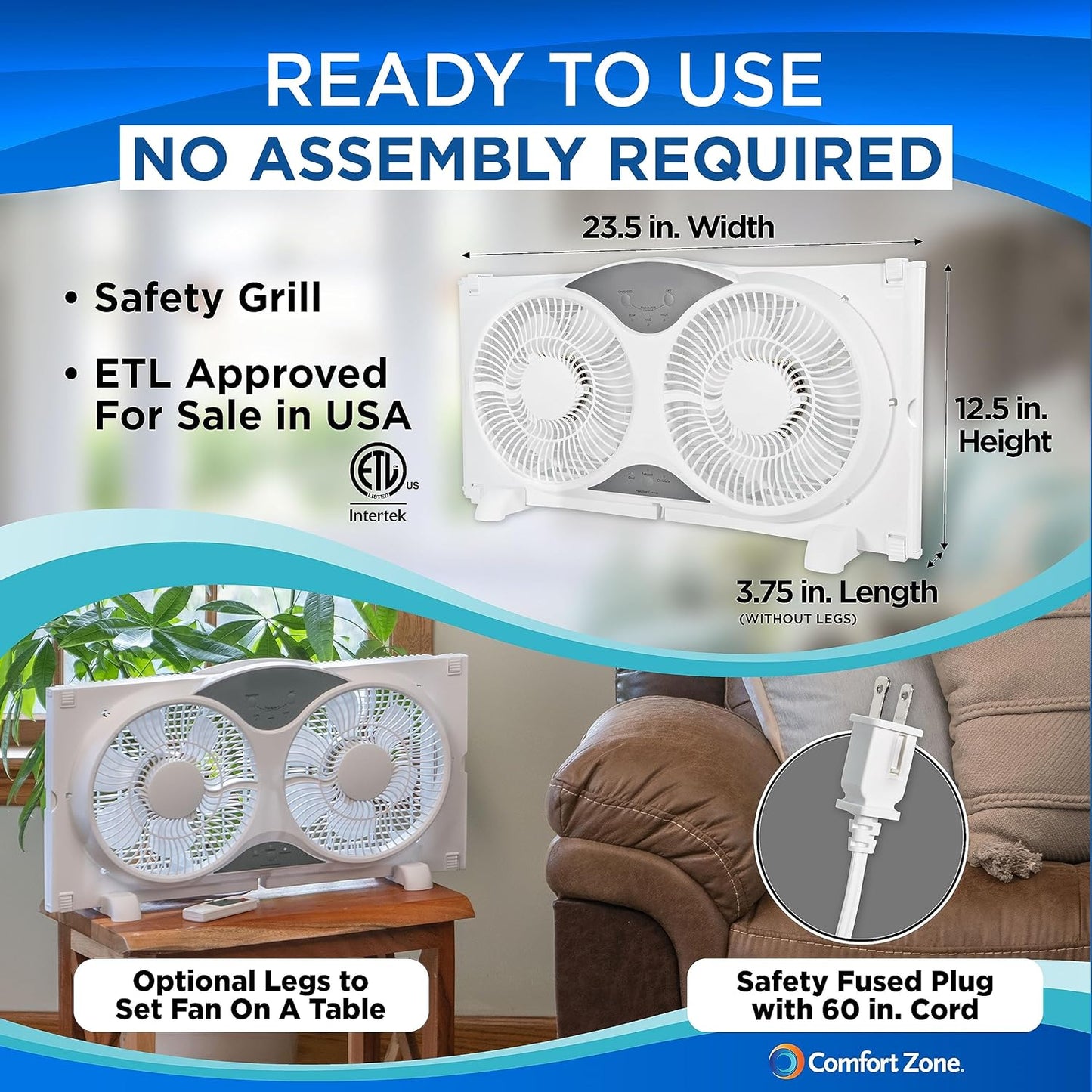 Comfort Zone 9-Inch Window Fan with Dual 3-Speed Fans, Auto-Locking Expanders, 3 Modes (Cool, Circulate, Exhaust), Wi-Fi App Control, Fabric Cover & Bug Screen