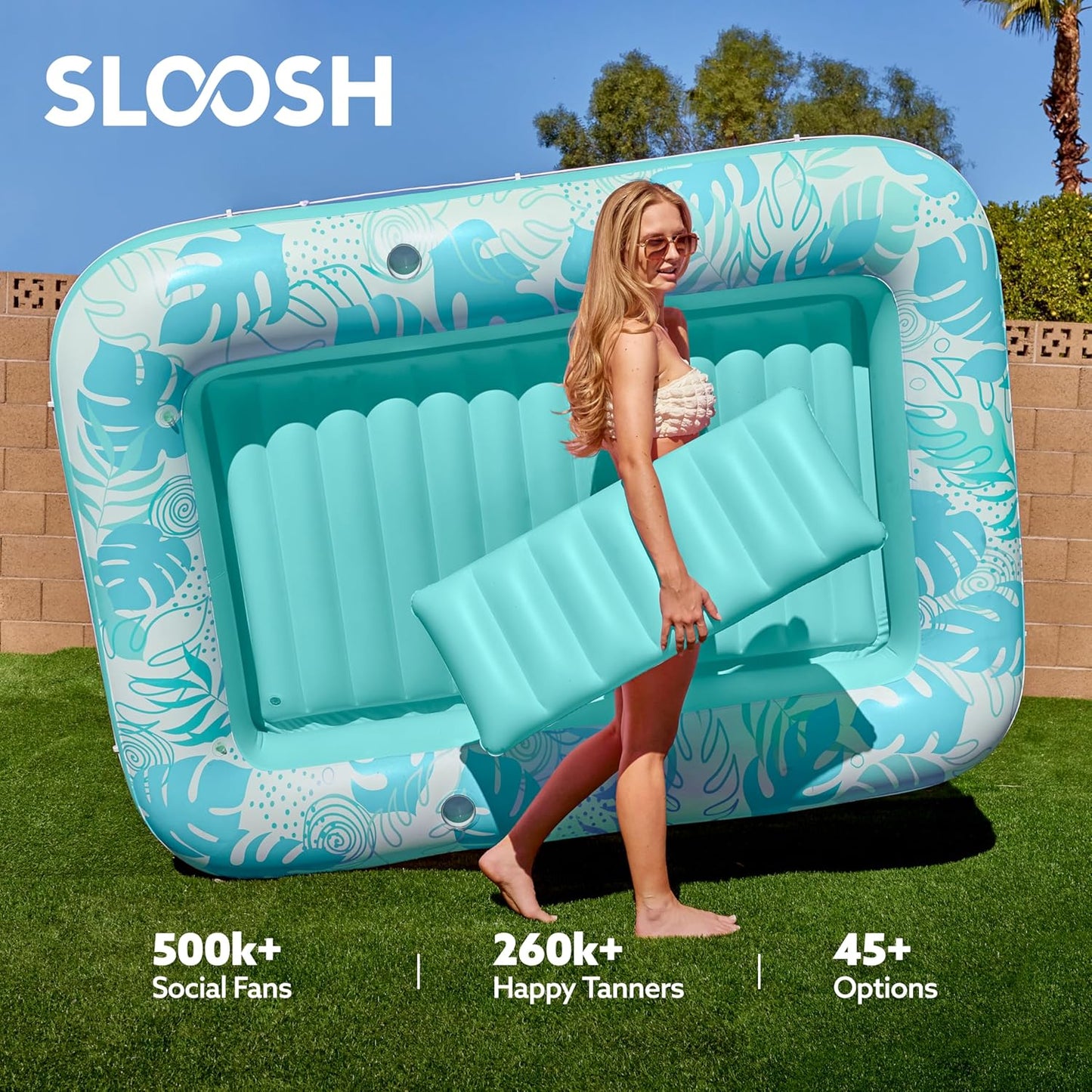 Sloosh Inflatable Tanning Pool Lounger Float-XL, 85" x 57" Extra Large Suntan Sun Tan tub for Adults, Bed Blow up, Raft Lounge Floatie, XL-Blue