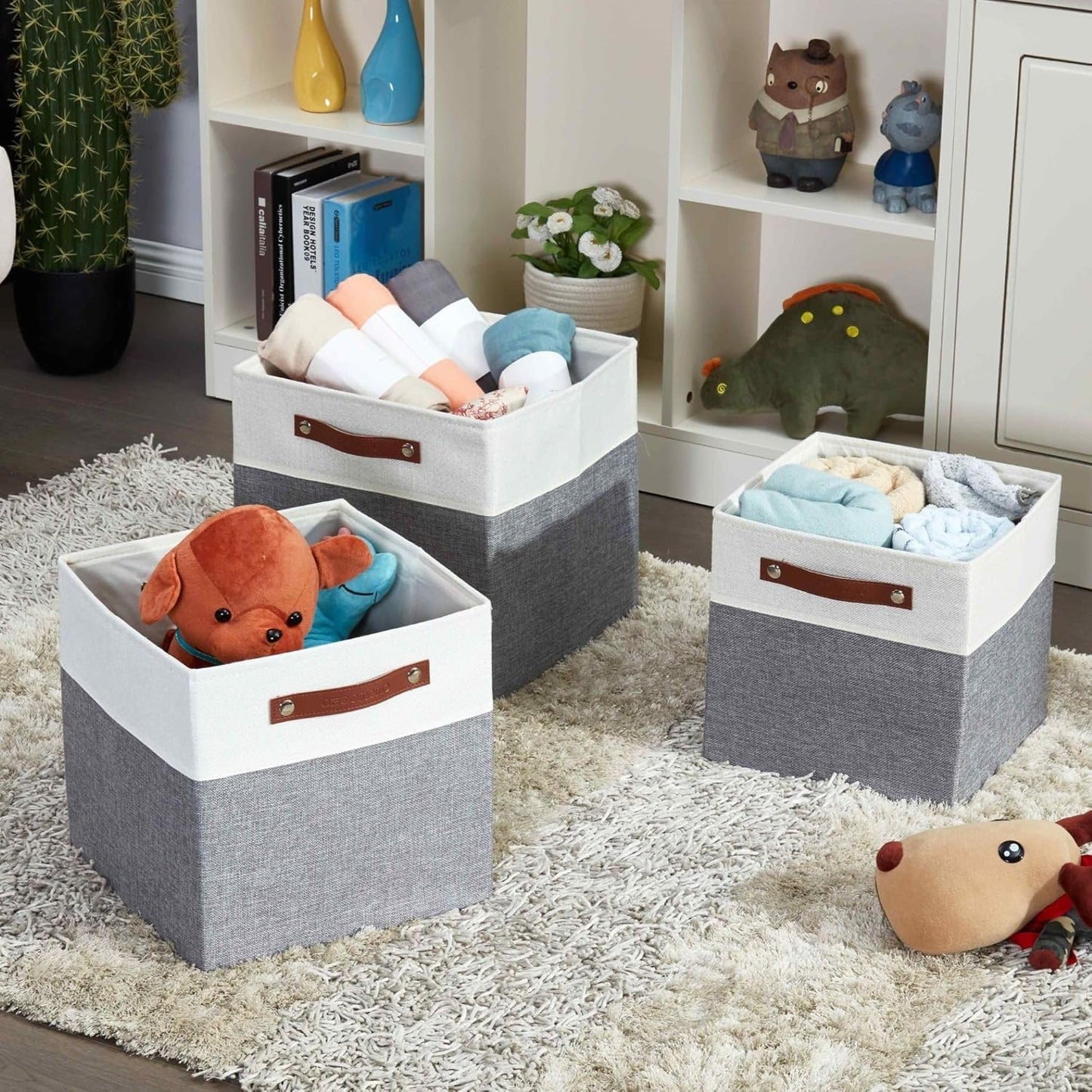 DECOMOMO Fabric Cube Storage Bin - Storage Baskets for Shelves, Kallax (Grey & White, 13 inch Cube) - 4 Pack