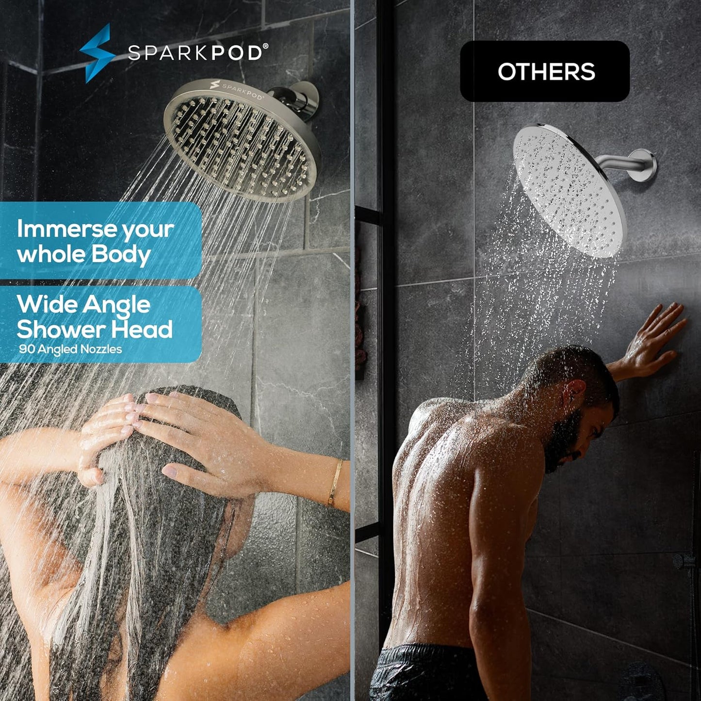 SparkPod Shower Head - High Pressure Rain - Premium Quality Luxury Design - 1-Min Install - Easy Clean Adjustable Replacement for Your Bathroom Shower Heads (Luxury Polished Chrome, 6 Inch Round)