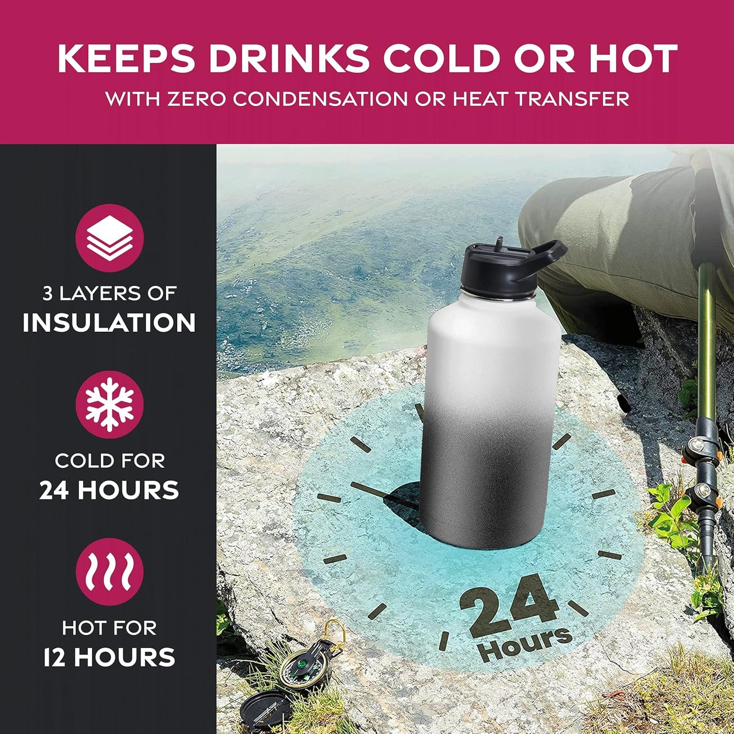 FineDine Water Bottle - Stainless Steel Insulated Water Bottle with Straw Lid, Flip Lid & Wide-Mouth Cap - Keeps Hot and Cold - 25 Oz / 739ml - Pure Pearly White