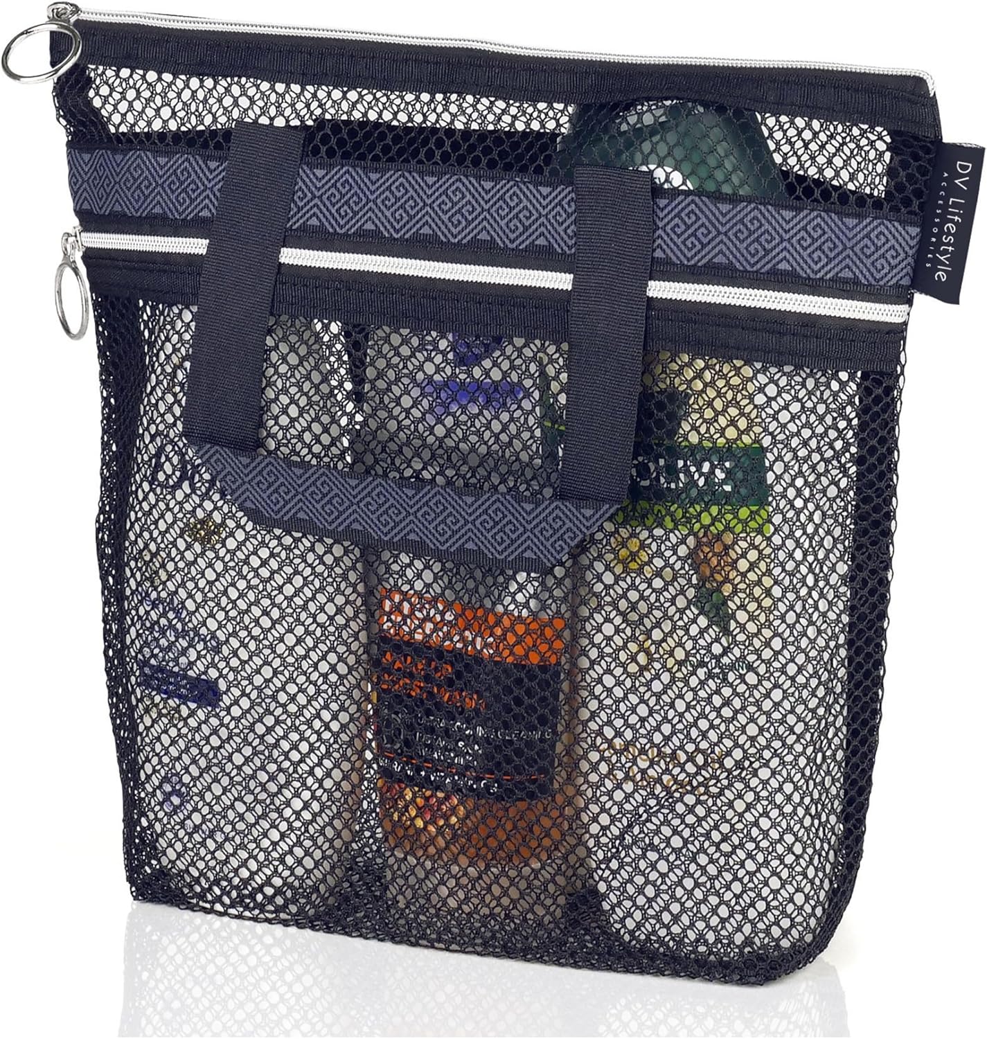 Mesh Shower Caddy Portable 10.2x9.9'' Shower Bag with Zipper & 2 Pockets. Shower Tote Ideal for Gym, Travel, Camp, Beach, for Sunscreen, Dorm & College Essentials (Black)