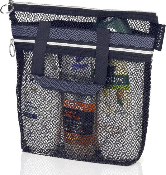 Mesh Shower Caddy Portable 10.2x9.9'' Shower Bag with Zipper & 2 Pockets. Shower Tote Ideal for Gym, Travel, Camp, Beach, for Sunscreen, Dorm & College Essentials (Black) - PuriLite