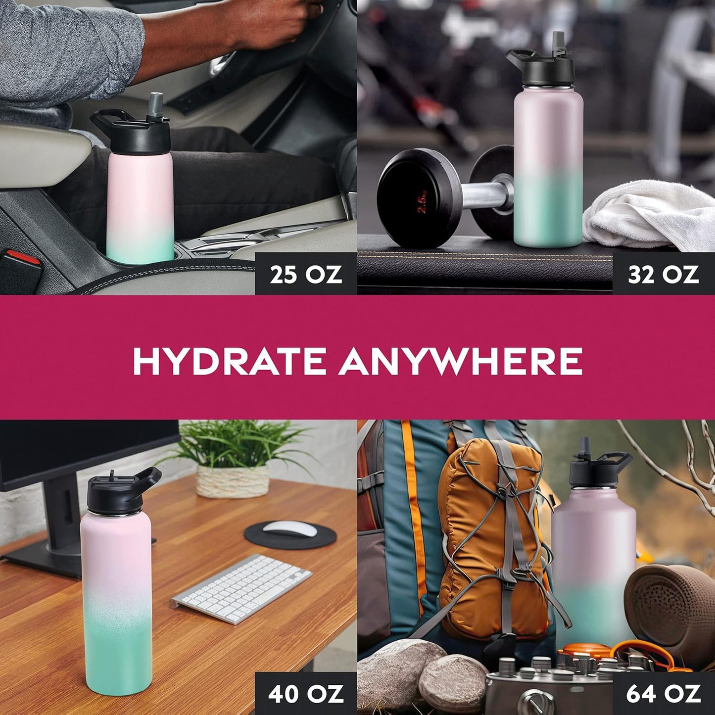 FineDine Water Bottle - Stainless Steel Insulated Water Bottle with Straw Lid, Flip Lid & Wide-Mouth Cap - Keeps Hot and Cold - 25 Oz / 739ml - Pure Pearly White
